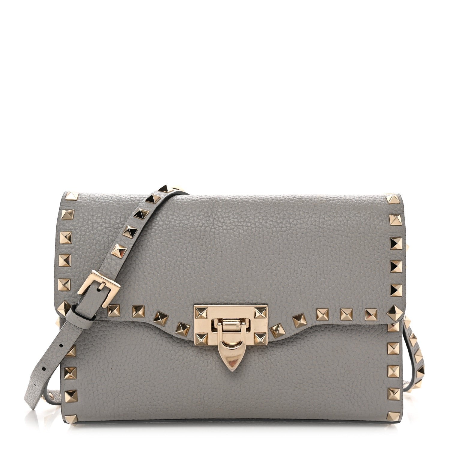 Valentino Garavani Pebbled Calfskin Medium Rockstud Flip Lock Crossbody Bag Pastel Grey