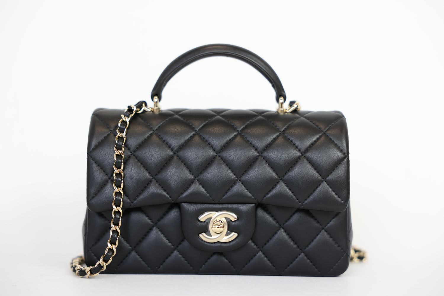 Chanel Classic Top Handle Mini Bag, Black Quilted Lambskin and  Gold Hardware, Preowned in Box WA001