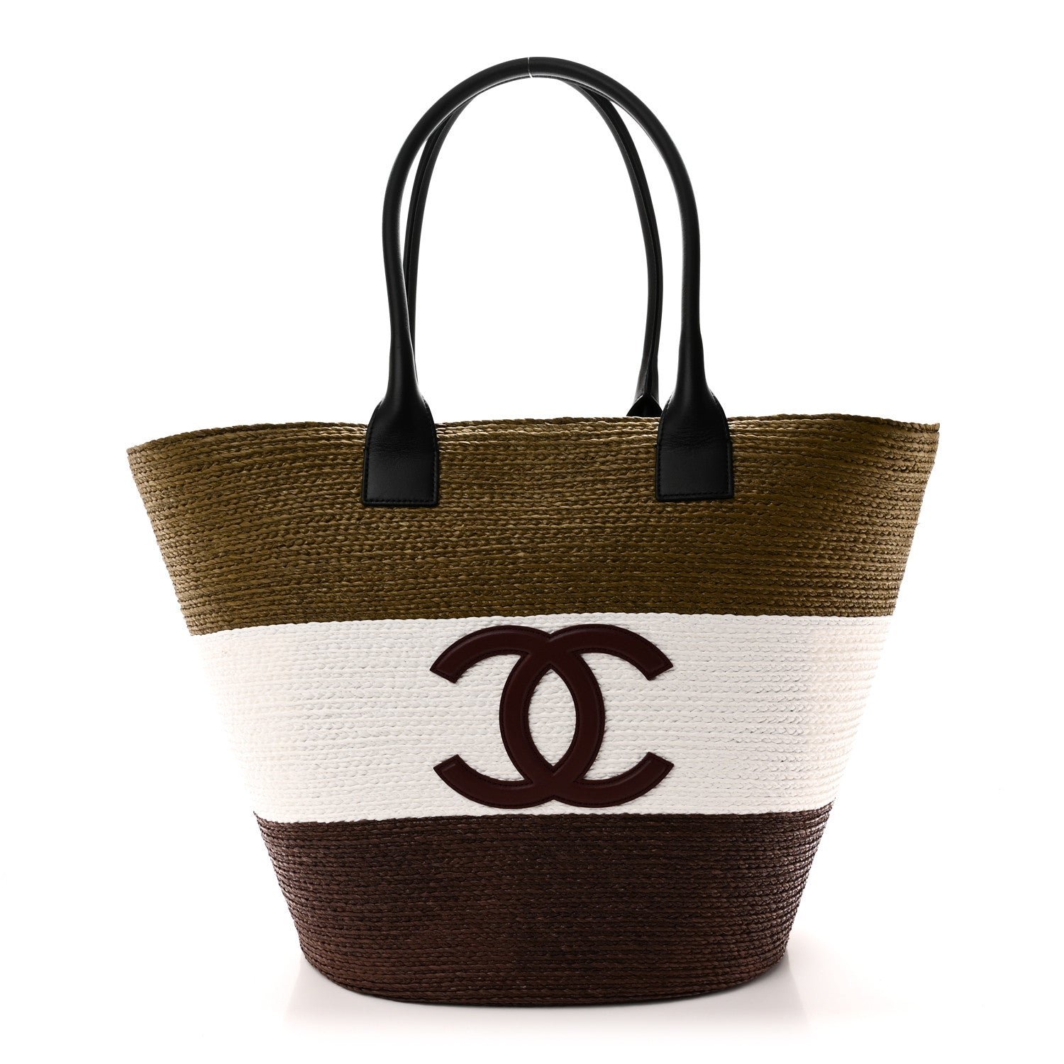 Chanel Raffia Calfskin Maxi Shopping Bag Khaki White Brown