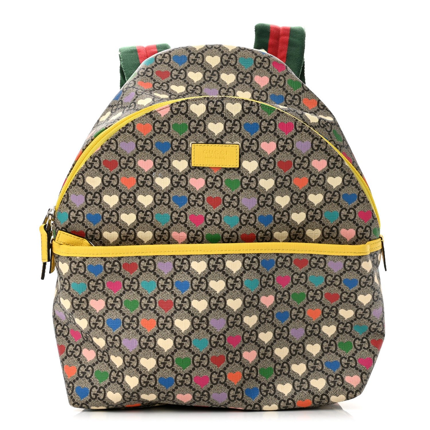 Gucci Soft GG Supreme Monogram Hearts Web Childrens Backpack  Beige Ebony Multicolor Freesia