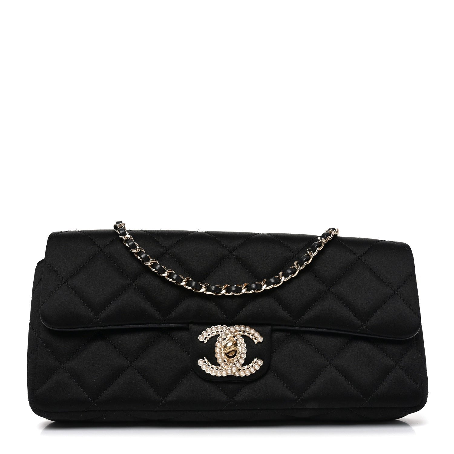 Chanel Satin Quilted Pearl CC Flap Clutch Black