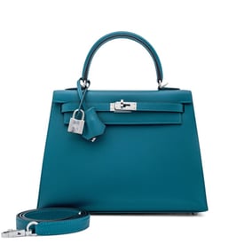 Hermes Vert Bosphore Epsom and Bleu Orage Chevre Mysore lining Kelly 25 Palladium Hardware, 2023