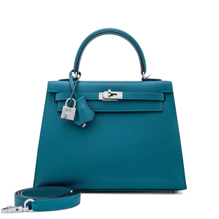Hermes Vert Bosphore Epsom and Bleu Orage Chevre Mysore lining Kelly 25 Palladium Hardware, 2023