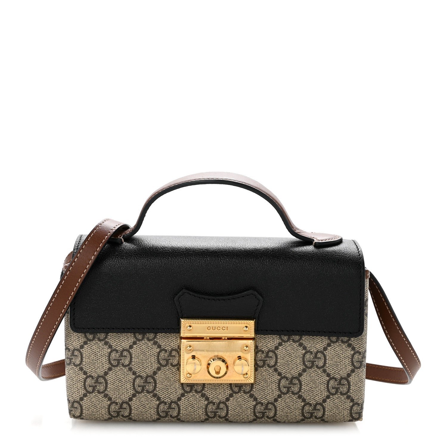 Gucci GG Supreme Monogram Calfskin Mini Padlock Top Handle Shoulder Bag Beige Black Cuir