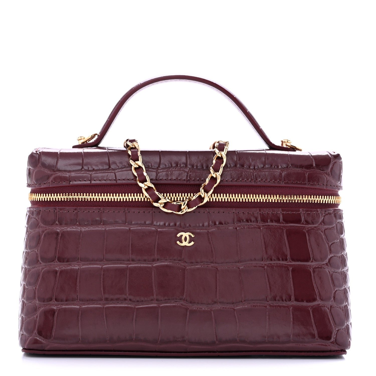 Chanel Calfskin Crocodile Embossed Crococo Exoticoco Vanity With Chain Dark Burgundy