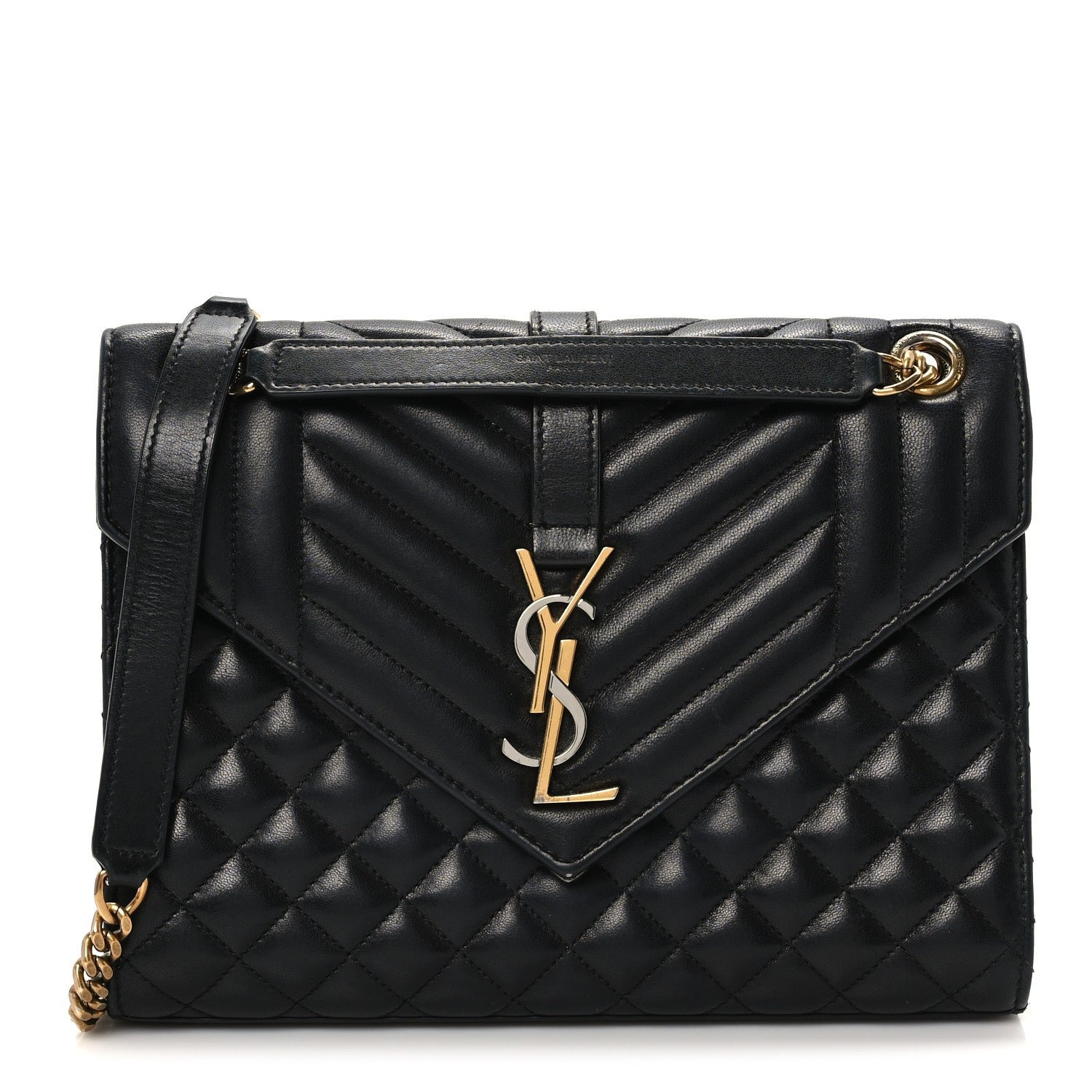 Saint Laurent Lambskin Mixed Matelasse Triquilt Medium Monogram Satchel Black