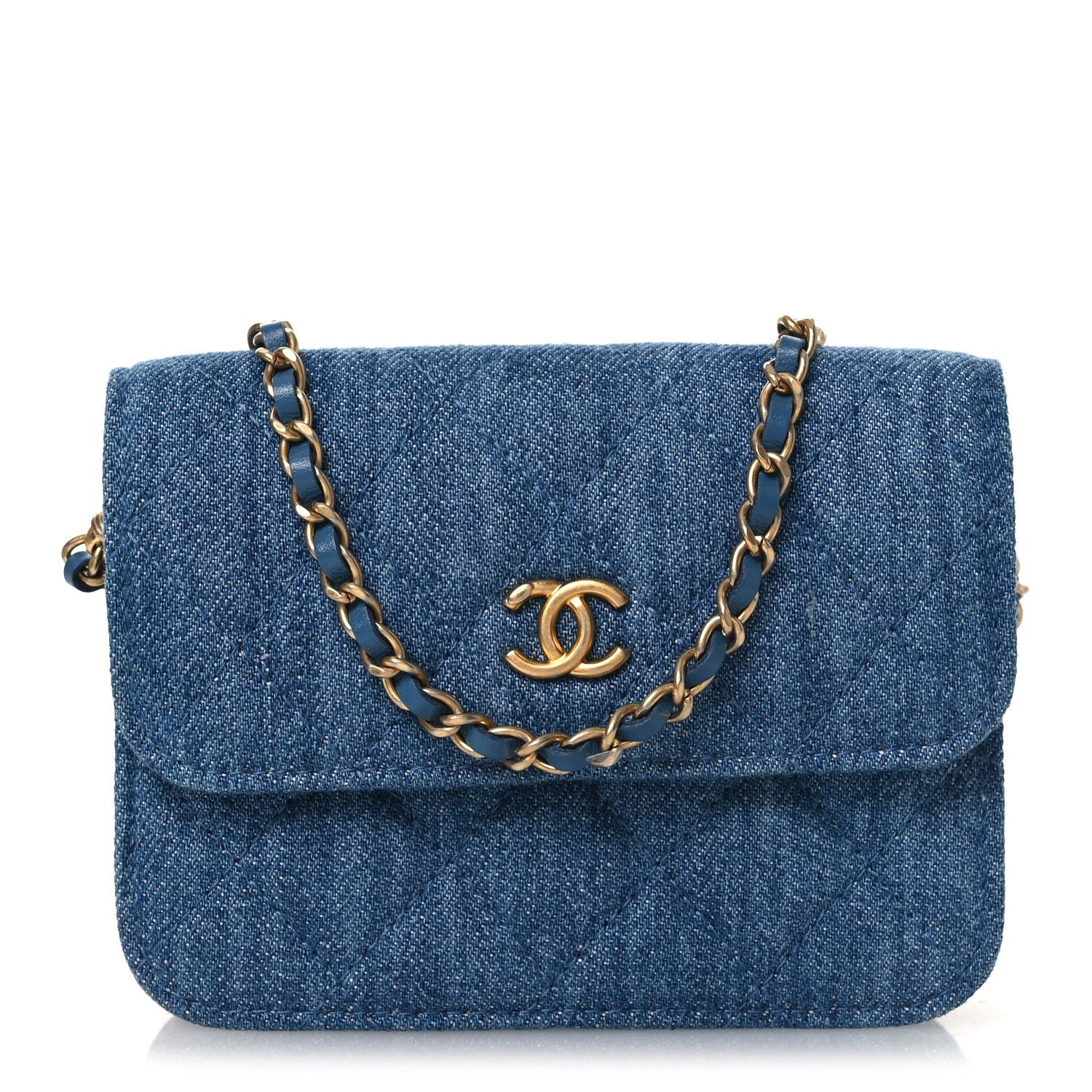 Chanel Denim Quilted CC Pearl Crush Clutch With Chain Blue