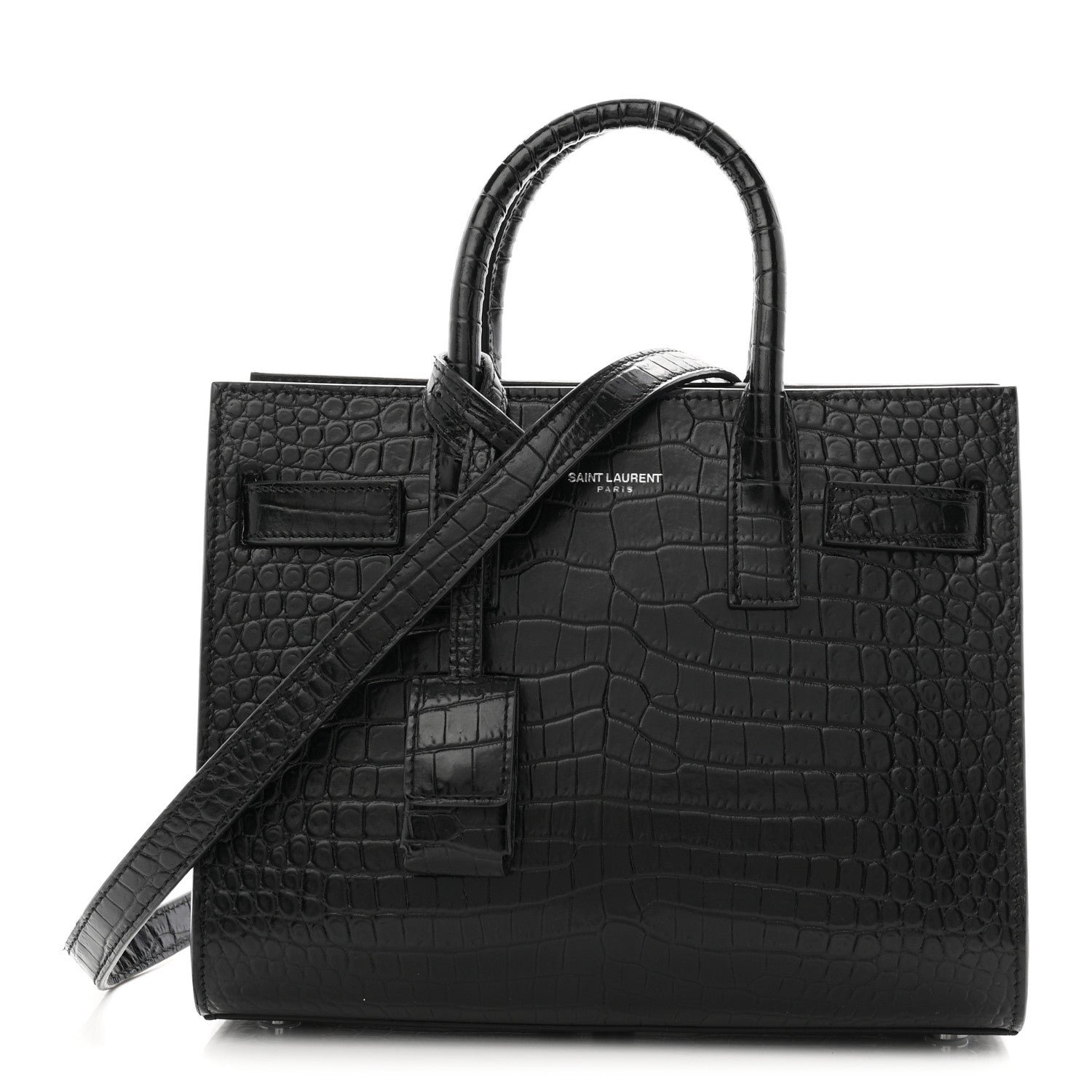 Saint Laurent Calfskin Crocodile Embossed Nano Sac De Jour Black