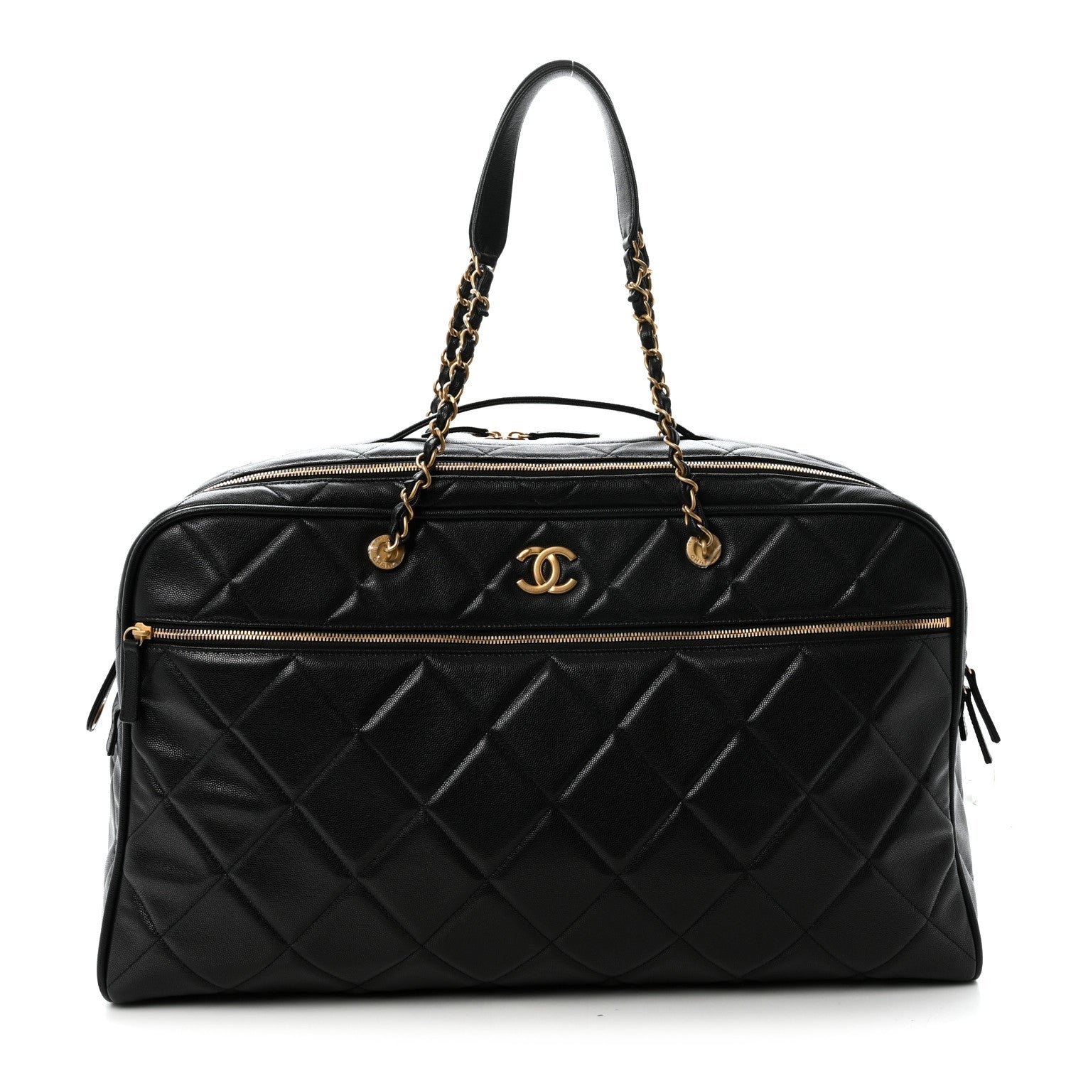 Chanel Shiny Grained Calfskin Quilted Large Travel Bowling Bag Black