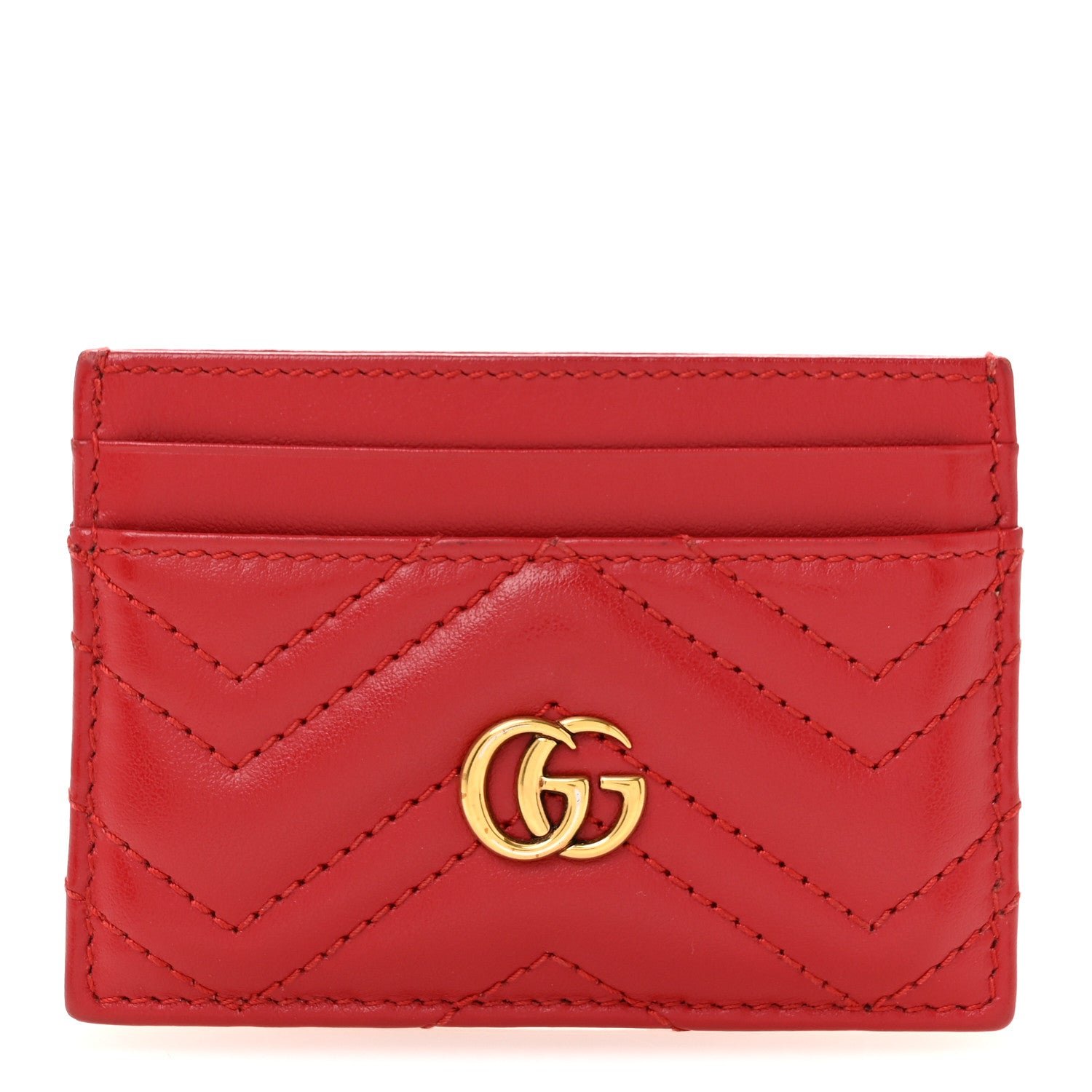 Gucci Calfskin Matelasse GG Marmont Card Holder Hibiscus Red