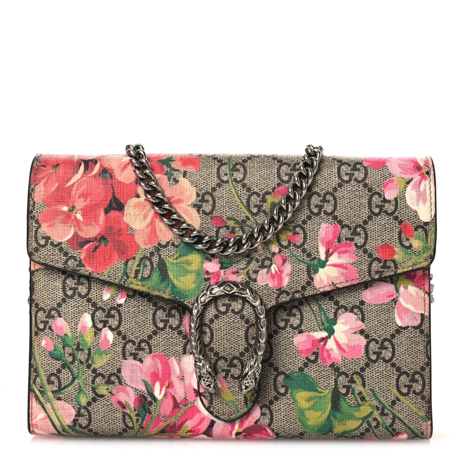 Gucci GG Supreme Monogram Blooms Mini Dionysus Chain Wallet Beige Multicolor Dry Rose