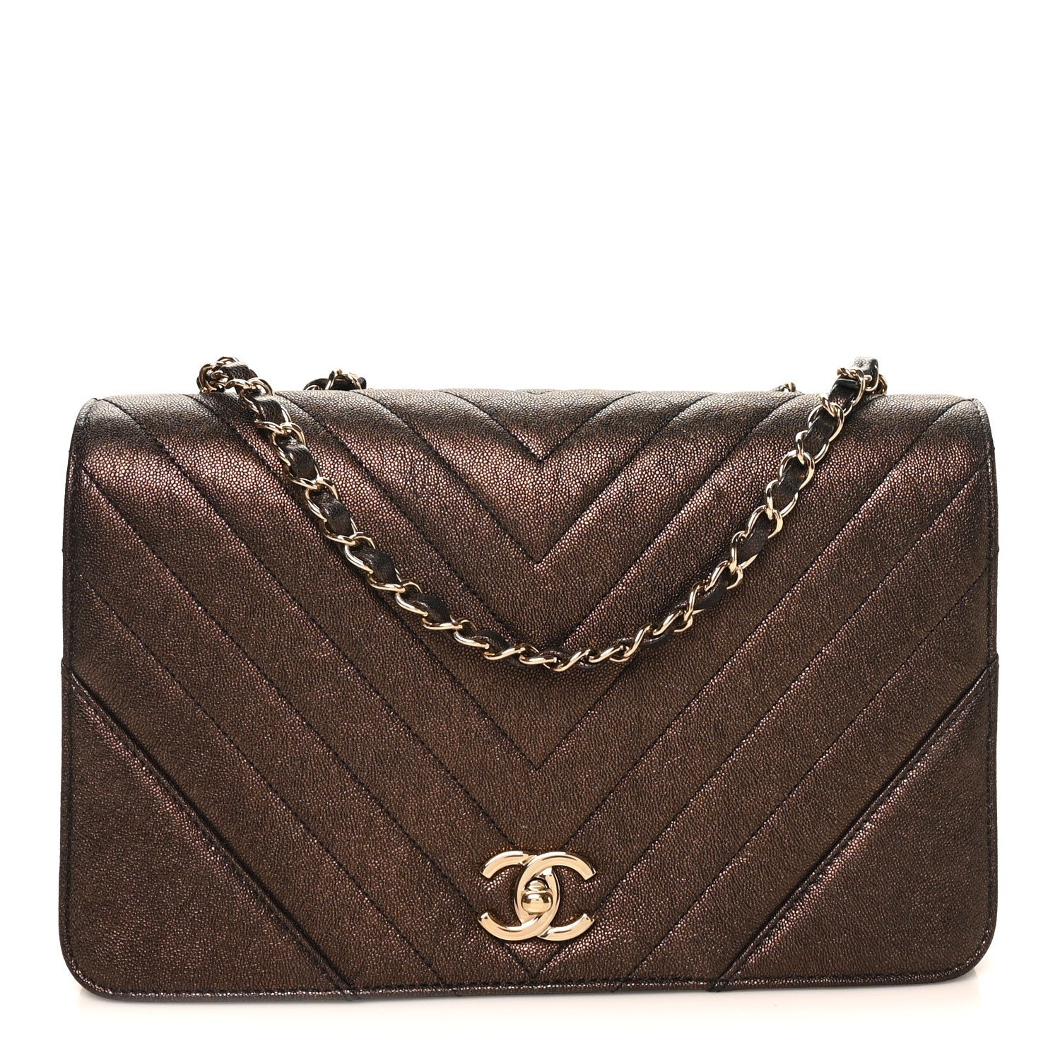 Chanel Metallic Caviar Chevron Quilted Medium Statement Flap Bronze