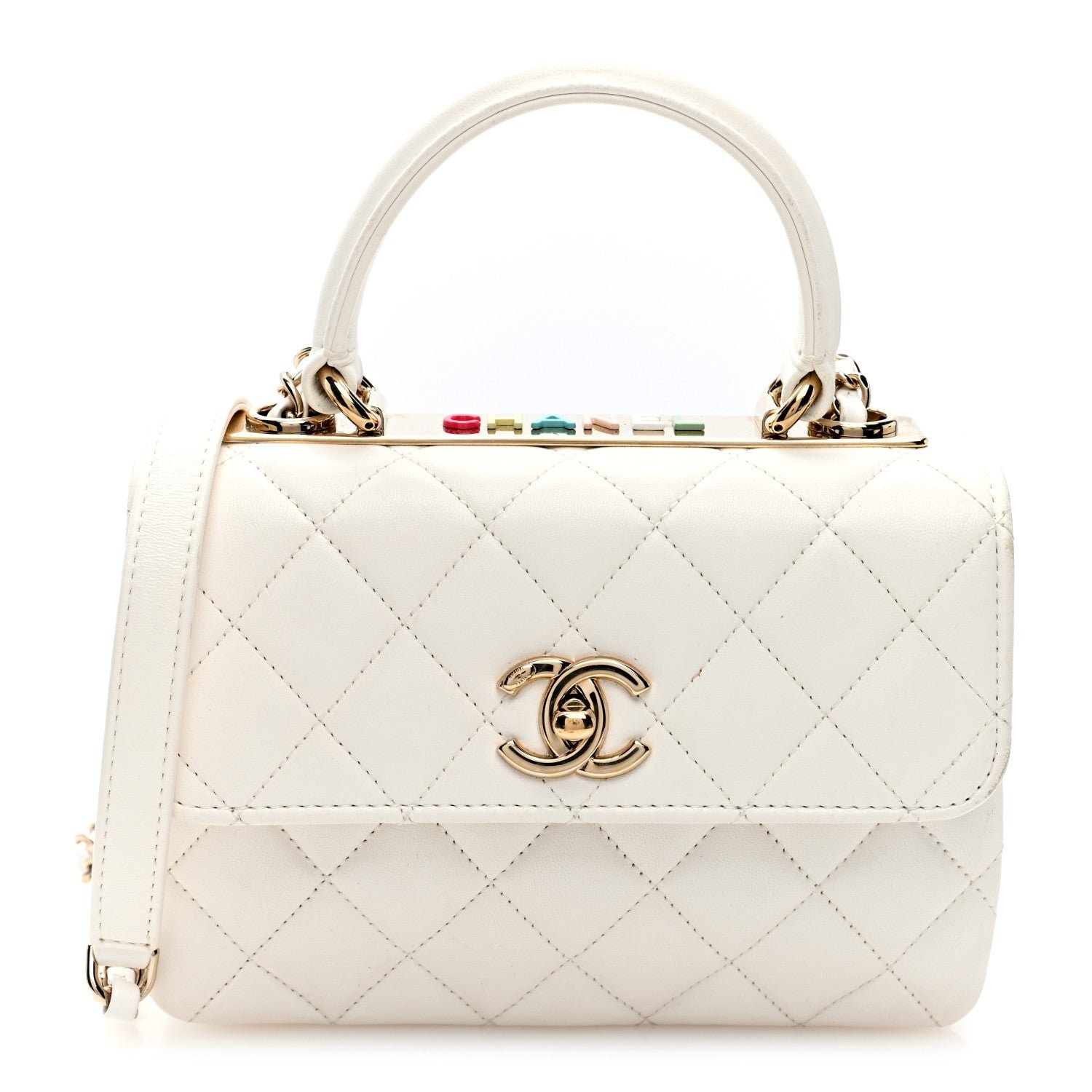 Lambskin Lacquered Quilted Small Trendy CC Dual Handle Flap Bag White