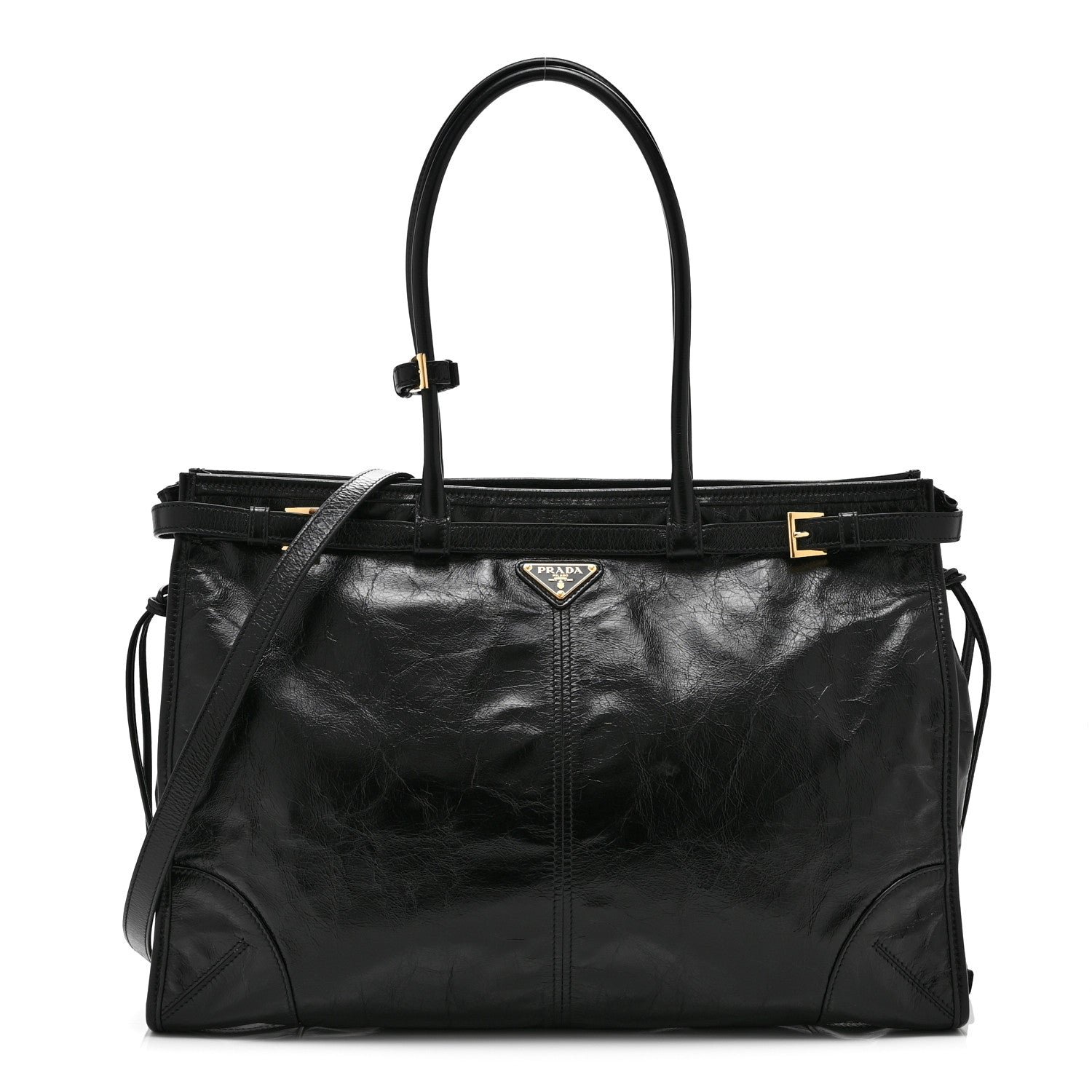 Prada Glossy Calfskin Triangle Large Bonnie Shoulder Bag Black