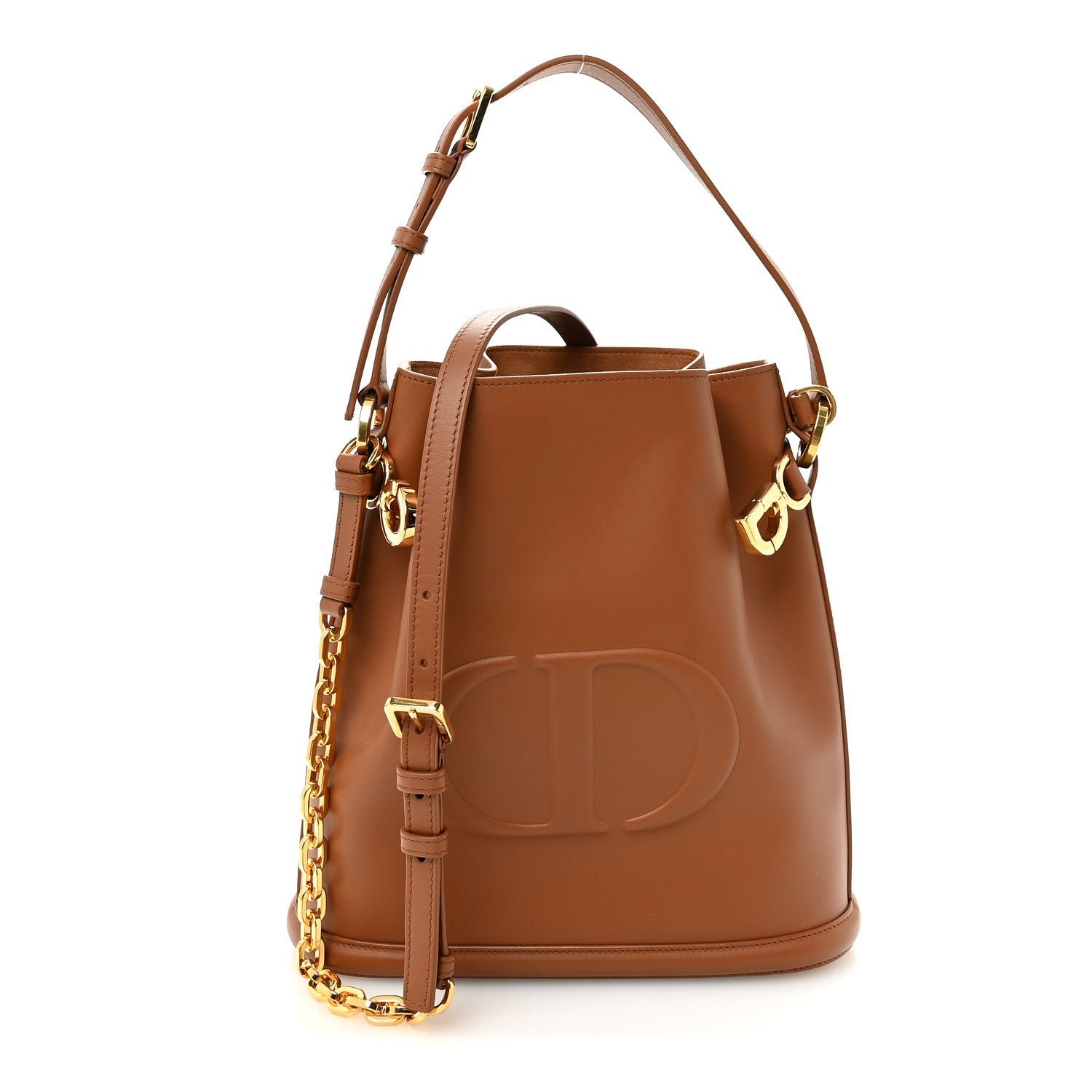 Christian Dior Calfskin CD Embossed Medium C'est Chain Bucket Bag Golden Saddle