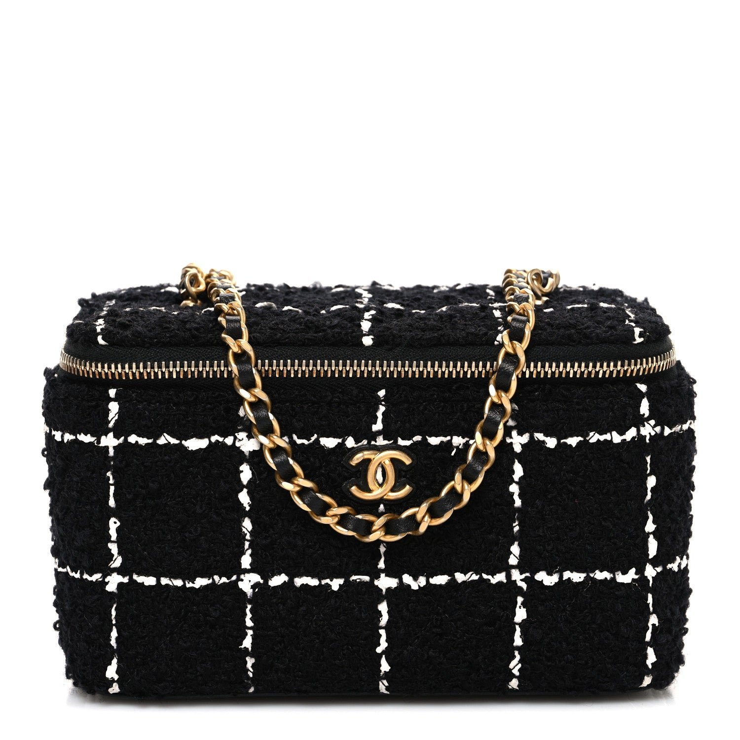 Chanel Tweed Pearl Crush Small Vanity Case With Chain  Black White