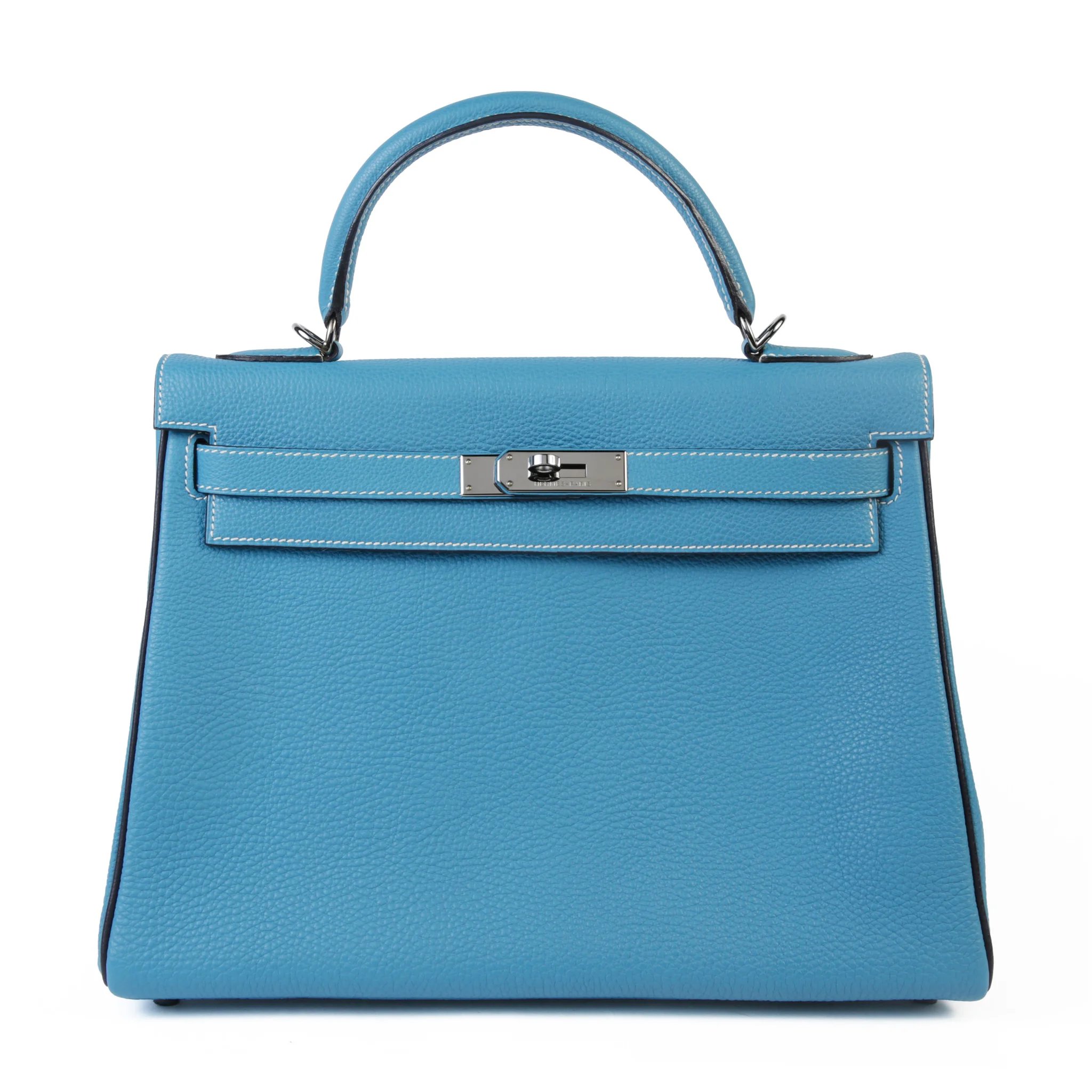Excellent ( Rank SA ) HERMÈS Kelly 32 Verso Bleu Jean (75) Noir (89) Togo Ruthenium hardware Square J (2006)