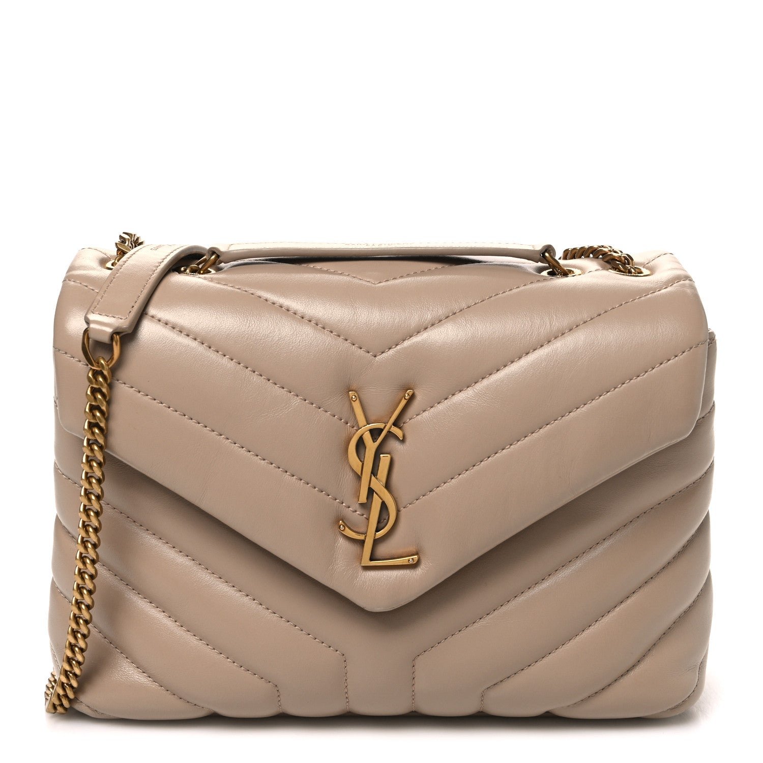 Saint Laurent Calfskin Y Quilted Monogram Small Loulou Chain Satchel Dark Beige