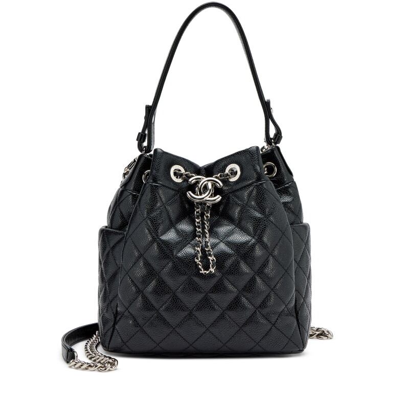 Black Quilted Glazed Caviar Drawstring CC Bucket Bag Silver Hardware, 2019