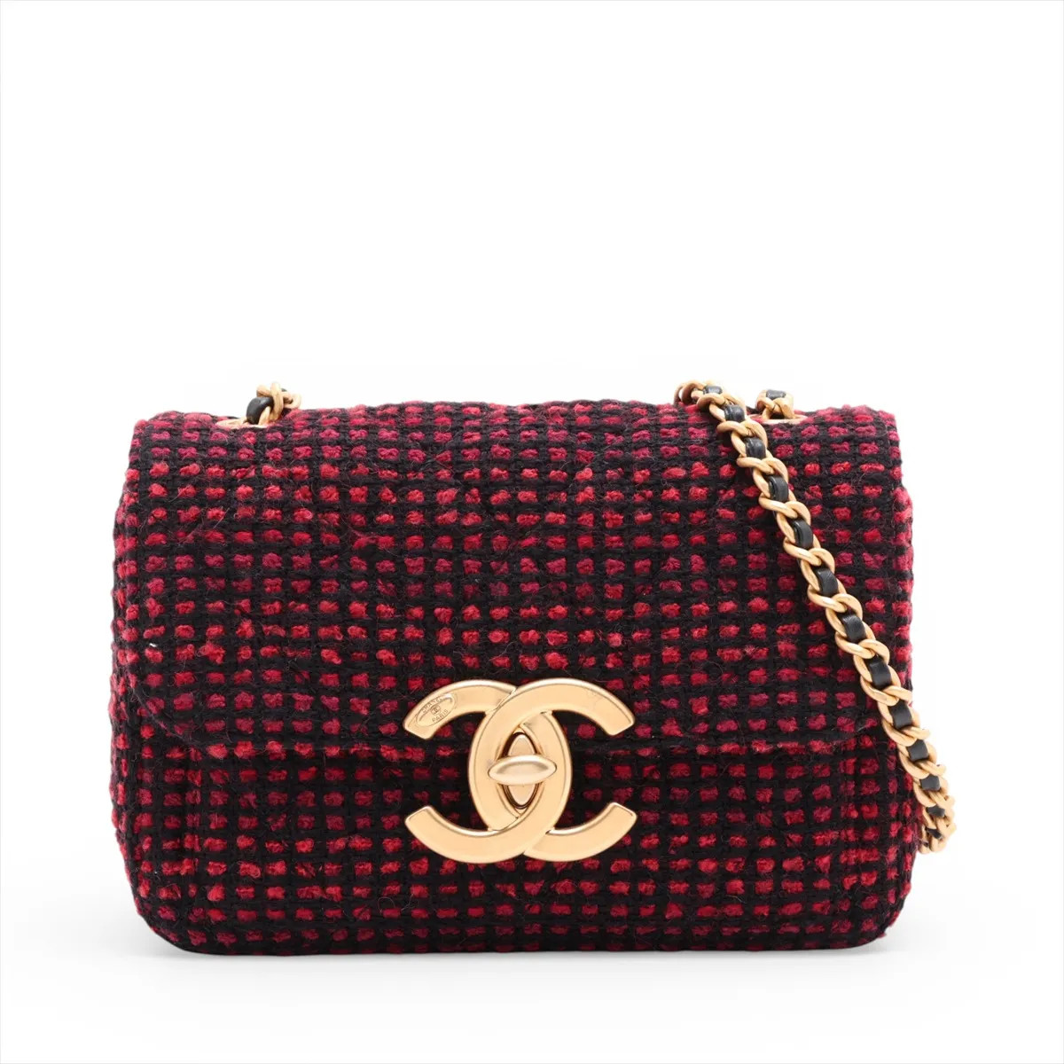 Chanel Mini Matelasse Tweed Single Flap Single Chain Bag Black x red Gold Metal