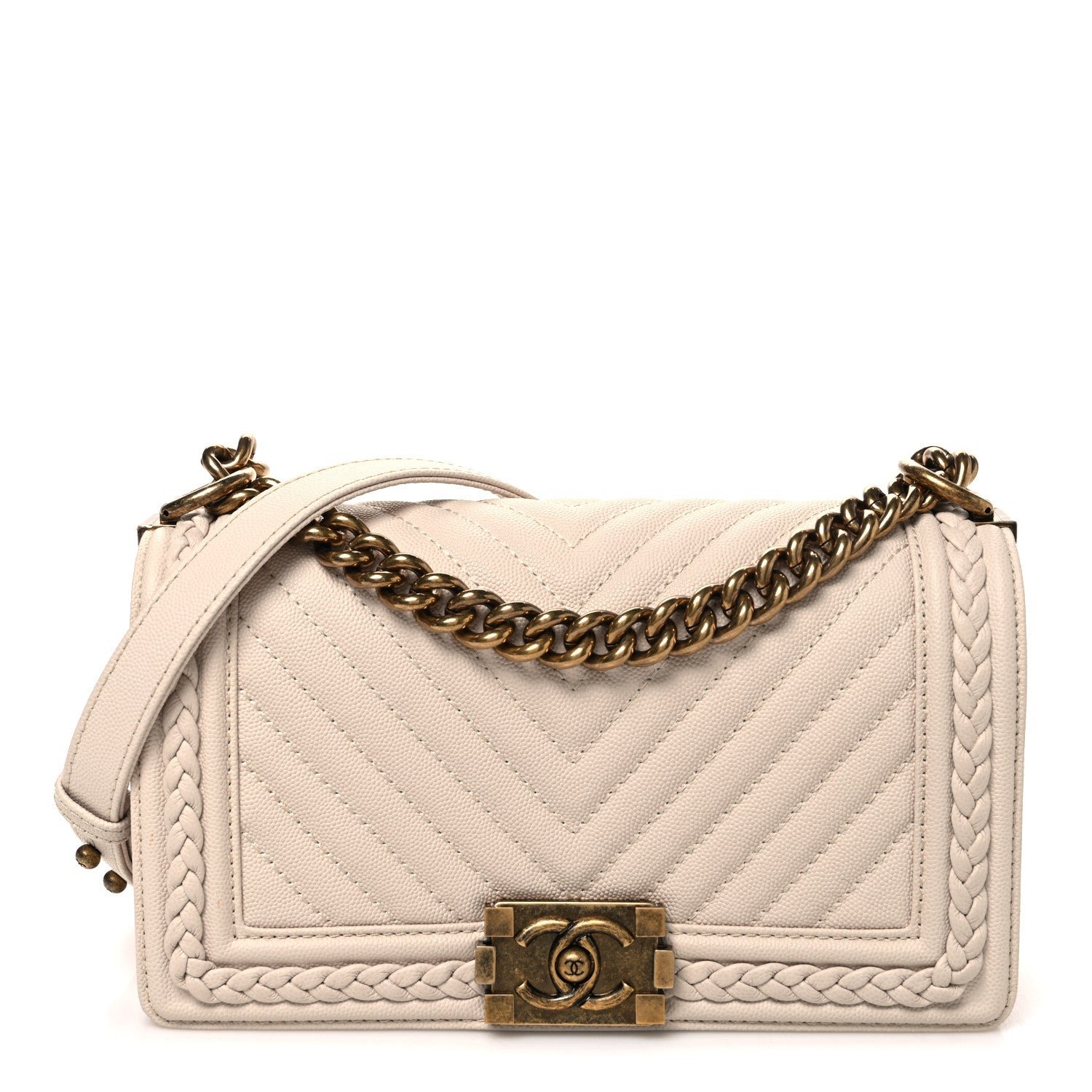 Chanel Caviar Chevron Quilted Braided Medium Boy Flap Beige