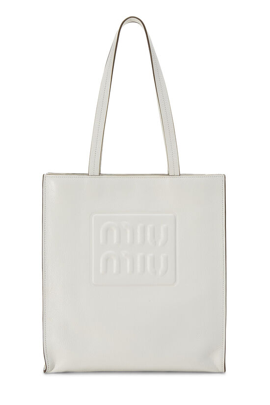 Miu Miu White Calfskin Embossed Logo Tote