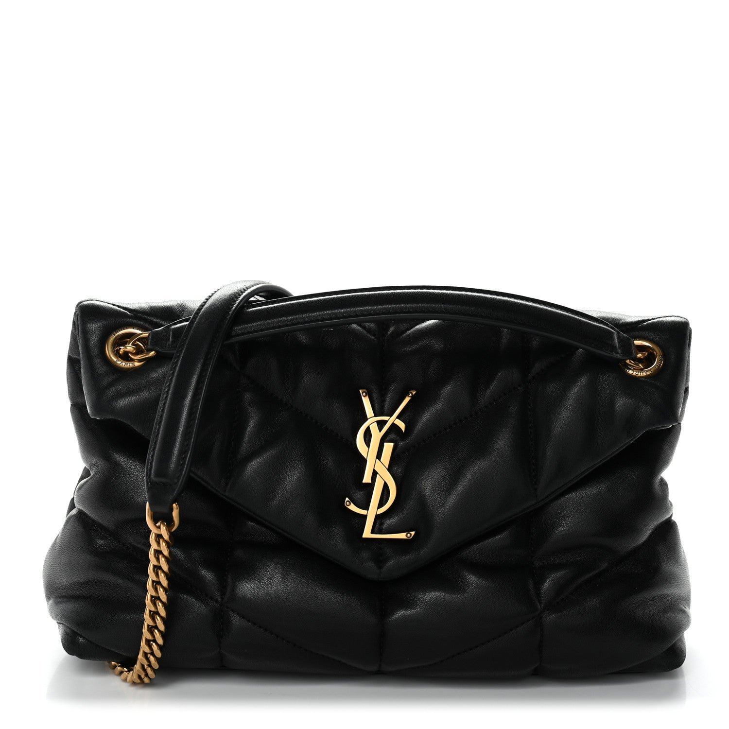 Saint Laurent Lambskin Quilted Small Loulou Puffer Monogram Chain Satchel Black