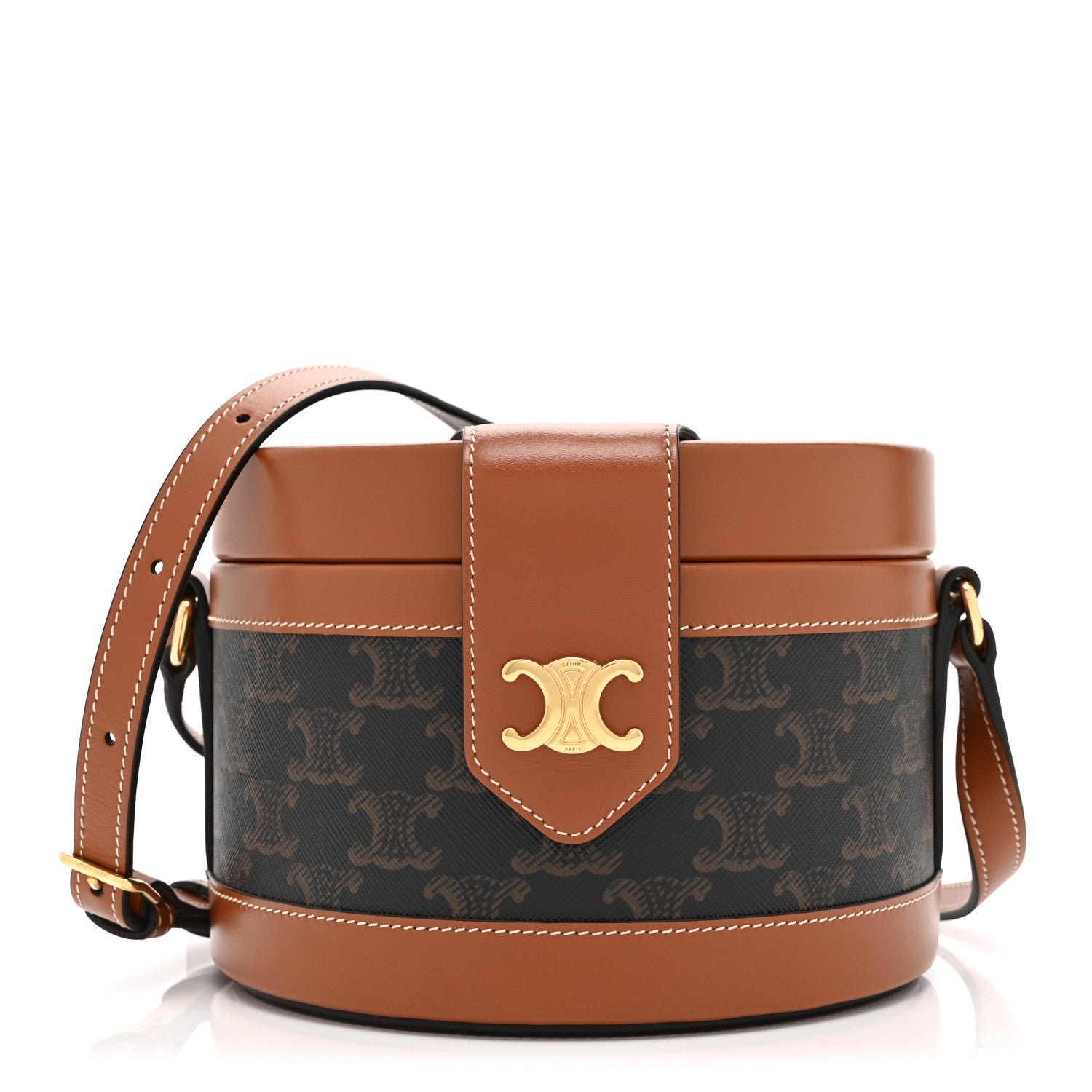 Celine Calfskin Triomphe Canvas Medium Tambour Bag Tan
