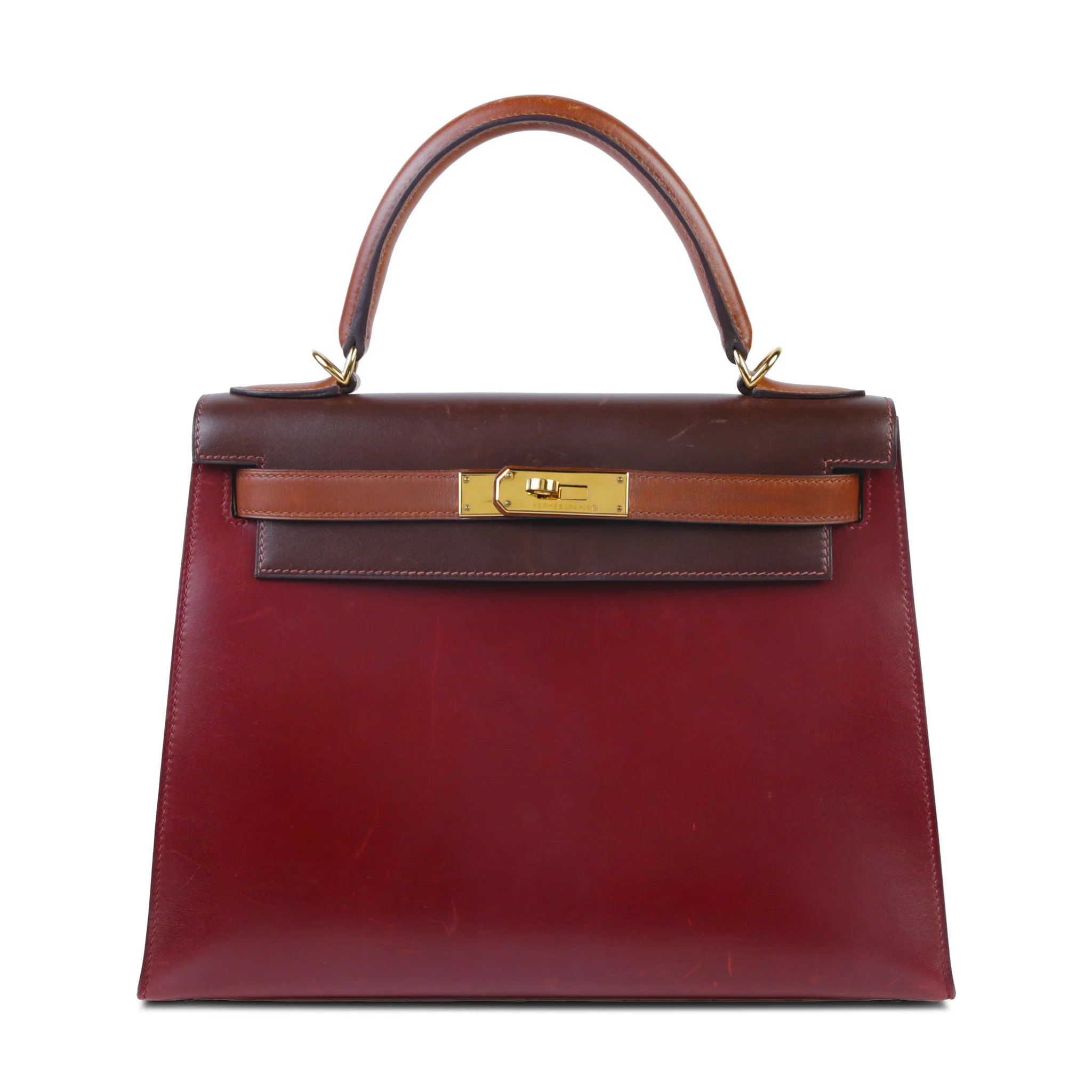 Good ( Rank AB) HERMÈS Kelly 28 Sellier Brown Rouge H (55) Rouge Vif (53) Box-calf Gold hardware Square F (2002)