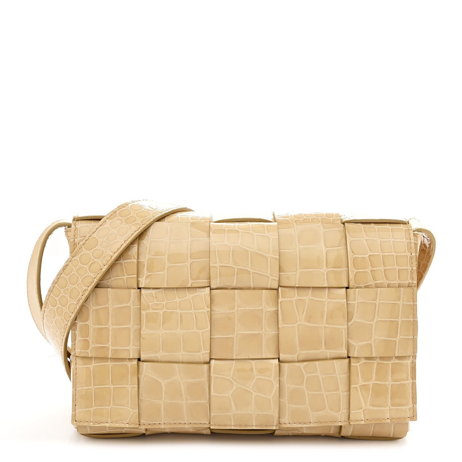 Bottega Veneta Bottega Veneta Gloss Calfskin Croc Embossed Intreccio Cassette Crossbody Bag Praline