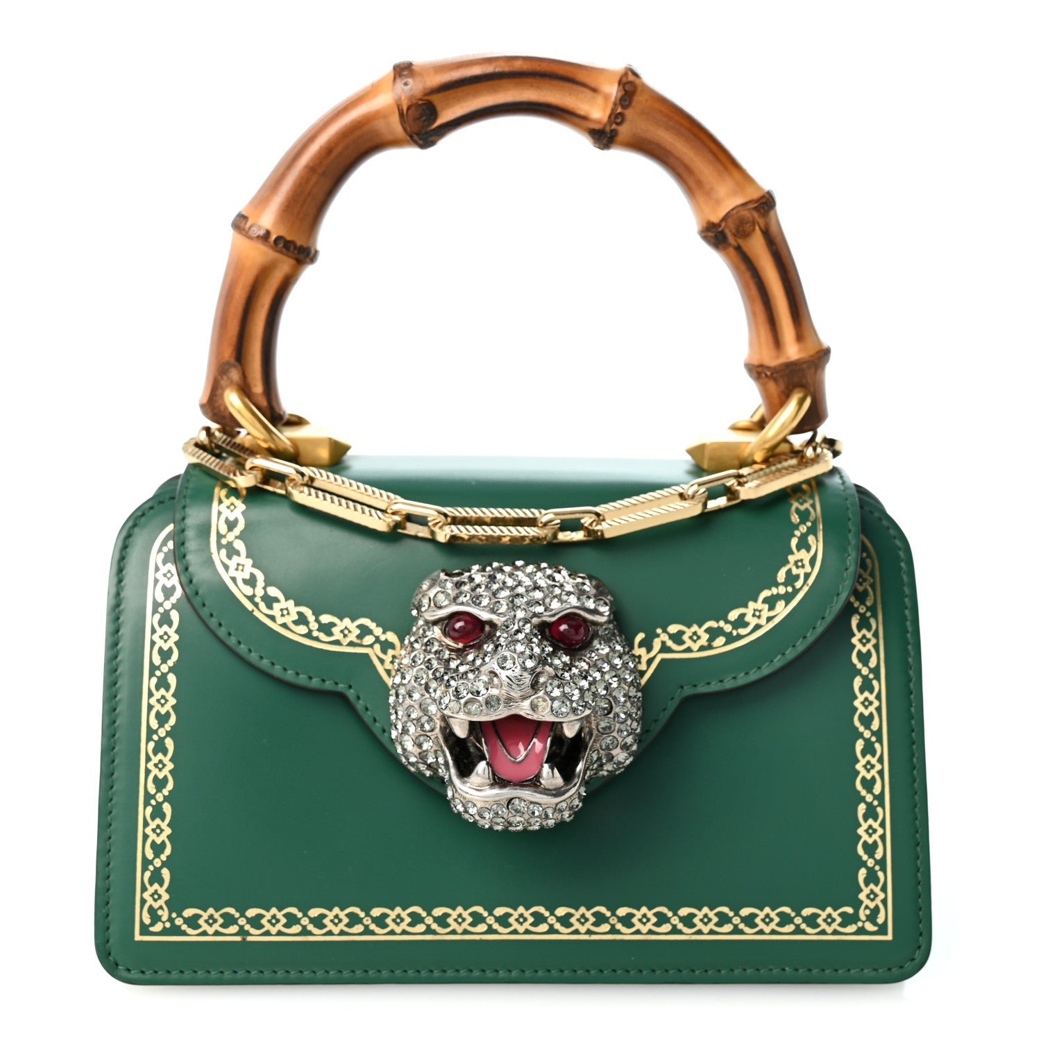 Gucci Calfskin Lisse Cornice Crystal Mini Thiara Top Handle Bag Emerald Oro Multicolor