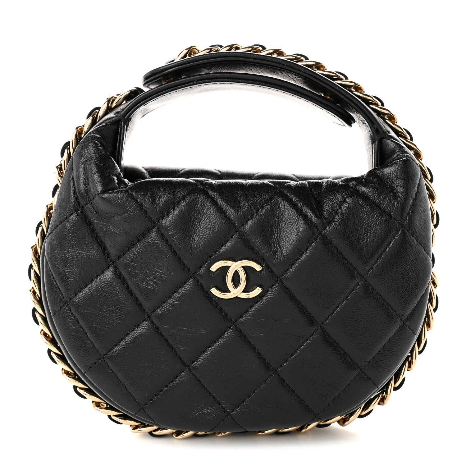 Lambskin Quilted Chain Around Pouch Hobo Black