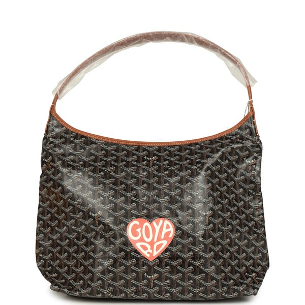 Goyard Goyard Goyardine Canvas Black and Brown Hand-Painted Heart Boheme Hobo Palladium Hardware