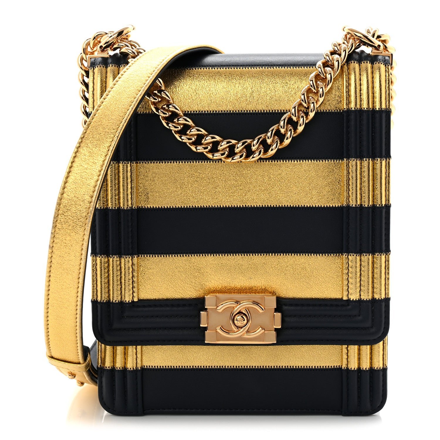 Chanel Metallic Lambskin Striped North South Boy Flap Navy Gold