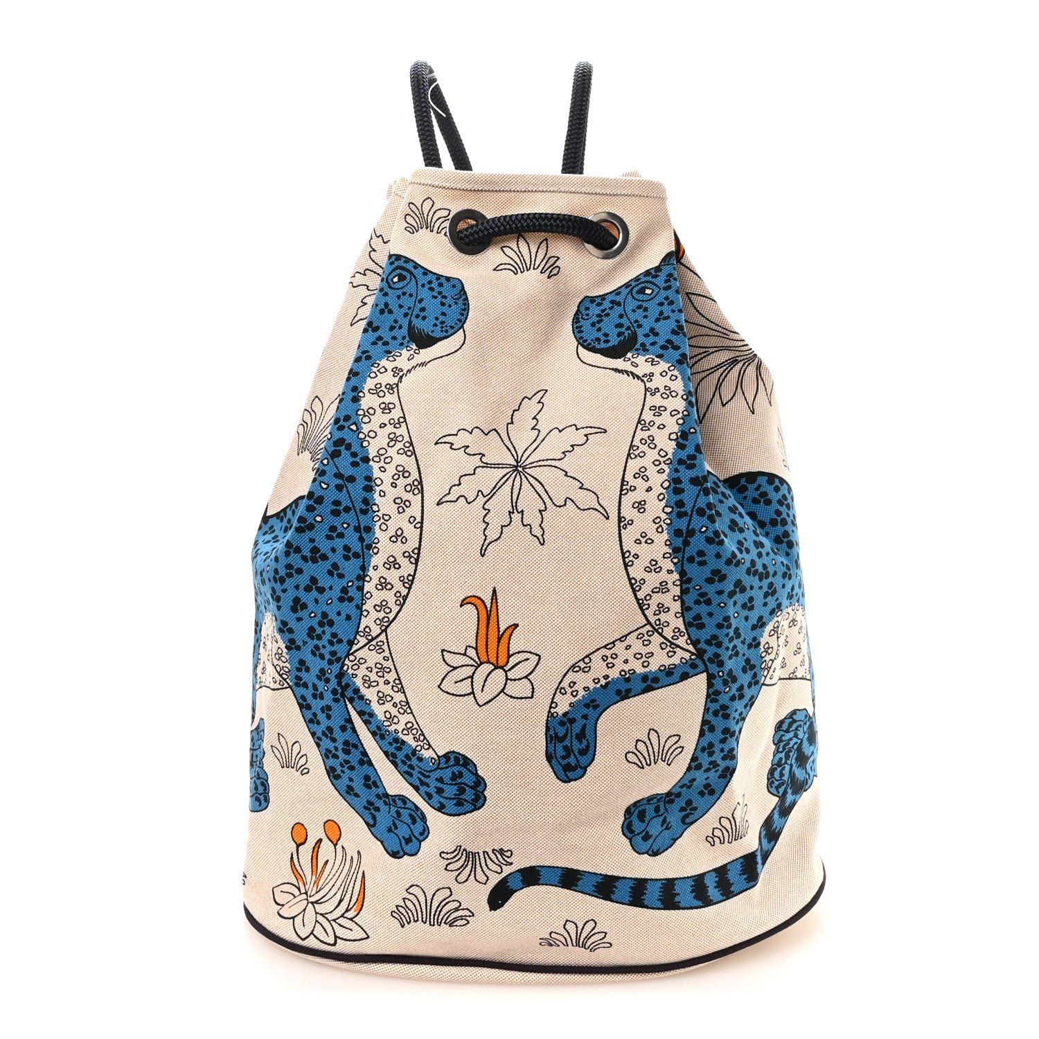 Hermes Cotton Canvas Les Leopards Tote Bag Bleu Sable