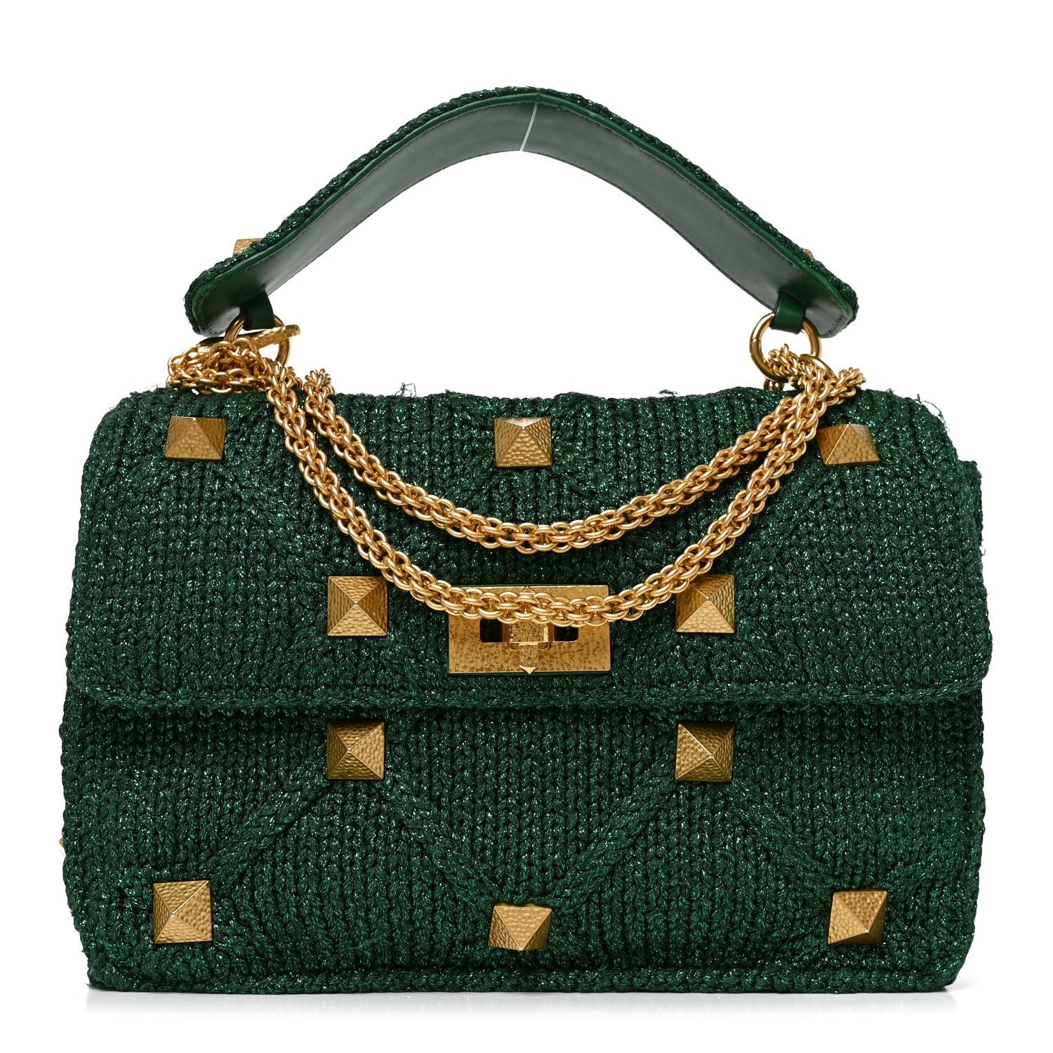 Valentino Garavani Metallic Woven Lurex Large Roman Stud Shoulder Bag Jungle