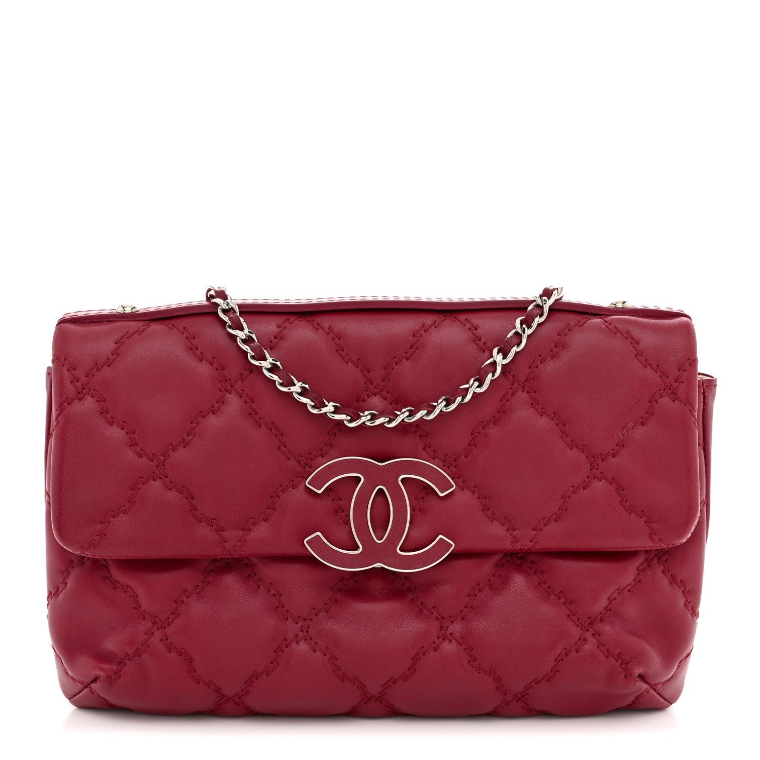 Chanel Calfskin Quilted Double Stitch Hamptons Clutch with Chain Red