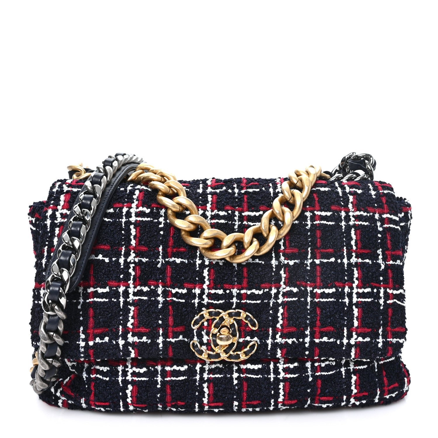 Chanel Tweed Quilted Large Chanel 19 Flap Navy Blue White Red