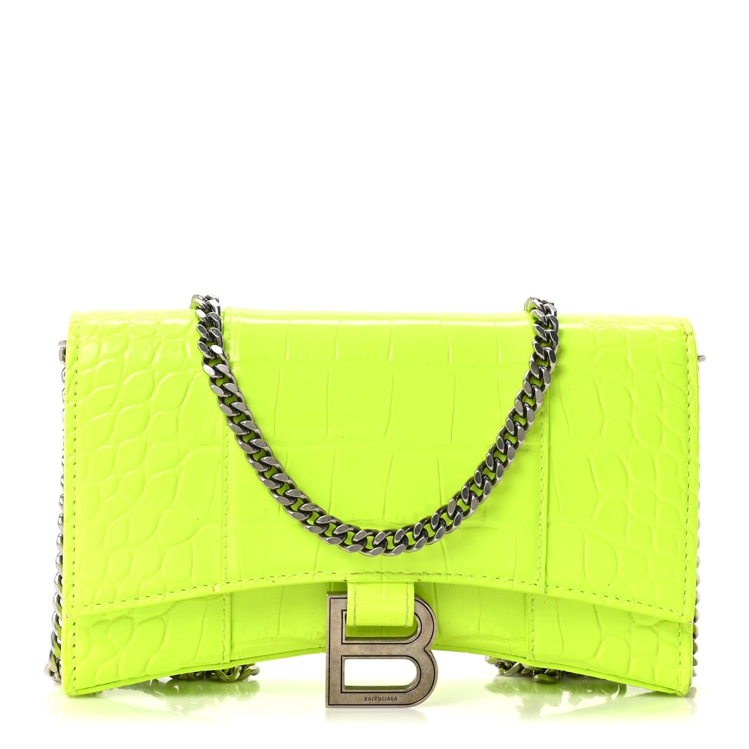 Balenciaga Shiny Calfskin Crocodile Embossed Hourglass Chain Bag Fluo Yellow