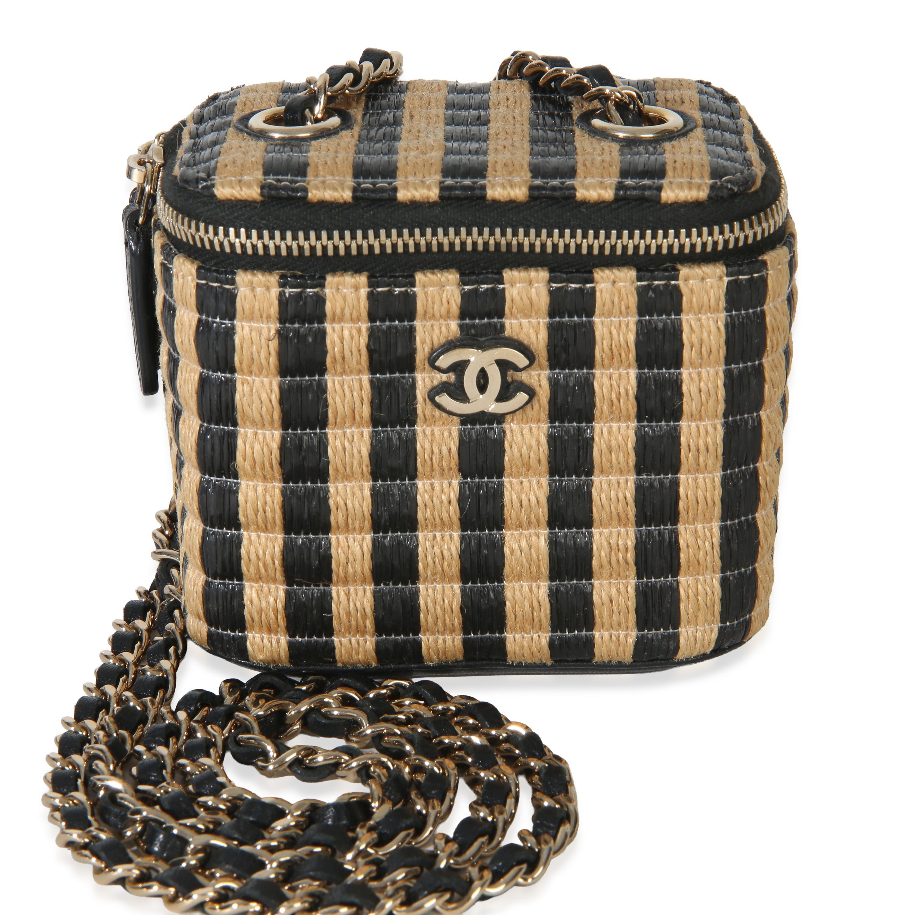 Black Beige Raffia Jute Striped Mini Vanity Case With Chain