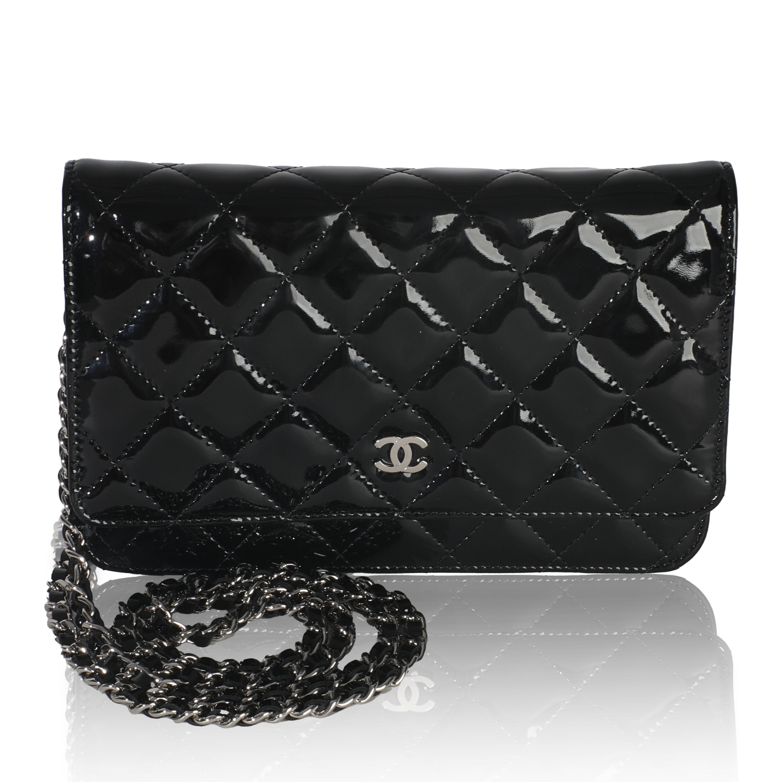 Chanel Black Quilted Patent Classic Wallet On Chain