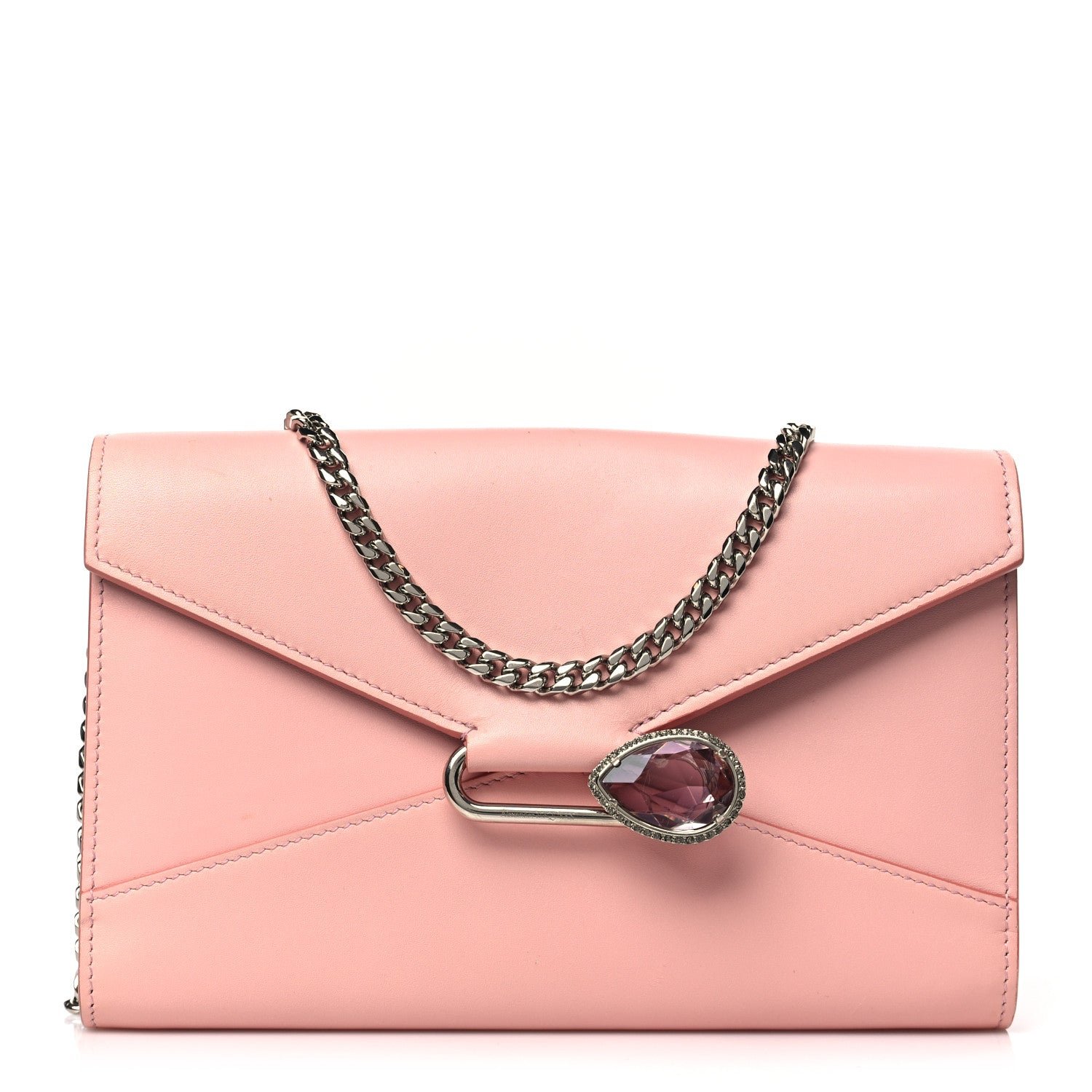 Alexander McQueen Calfskin Crystal Pin Envelope Wallet On Chain Pink