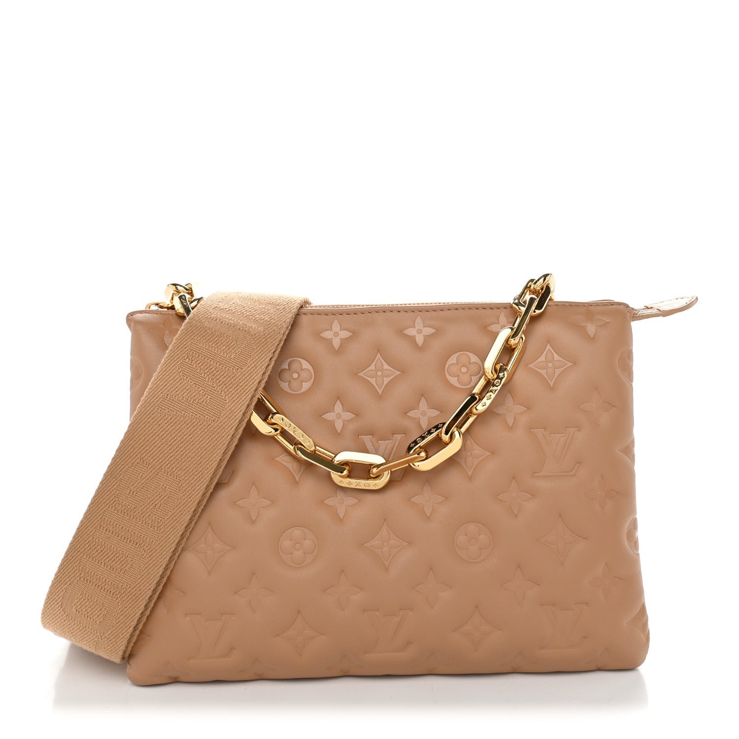 Louis Vuitton Lambskin Embossed Monogram Coussin PM Camel
