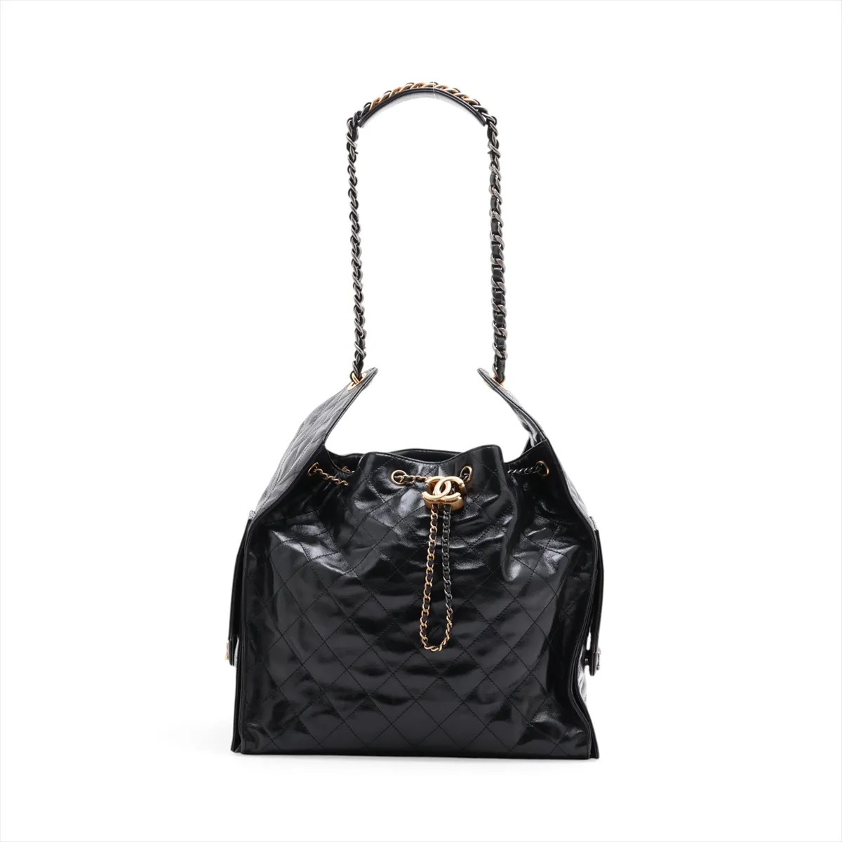 Chanel Chanel 25 Medium Leather Chain Shoulder Bag Black Gold x Silver Metal Fit