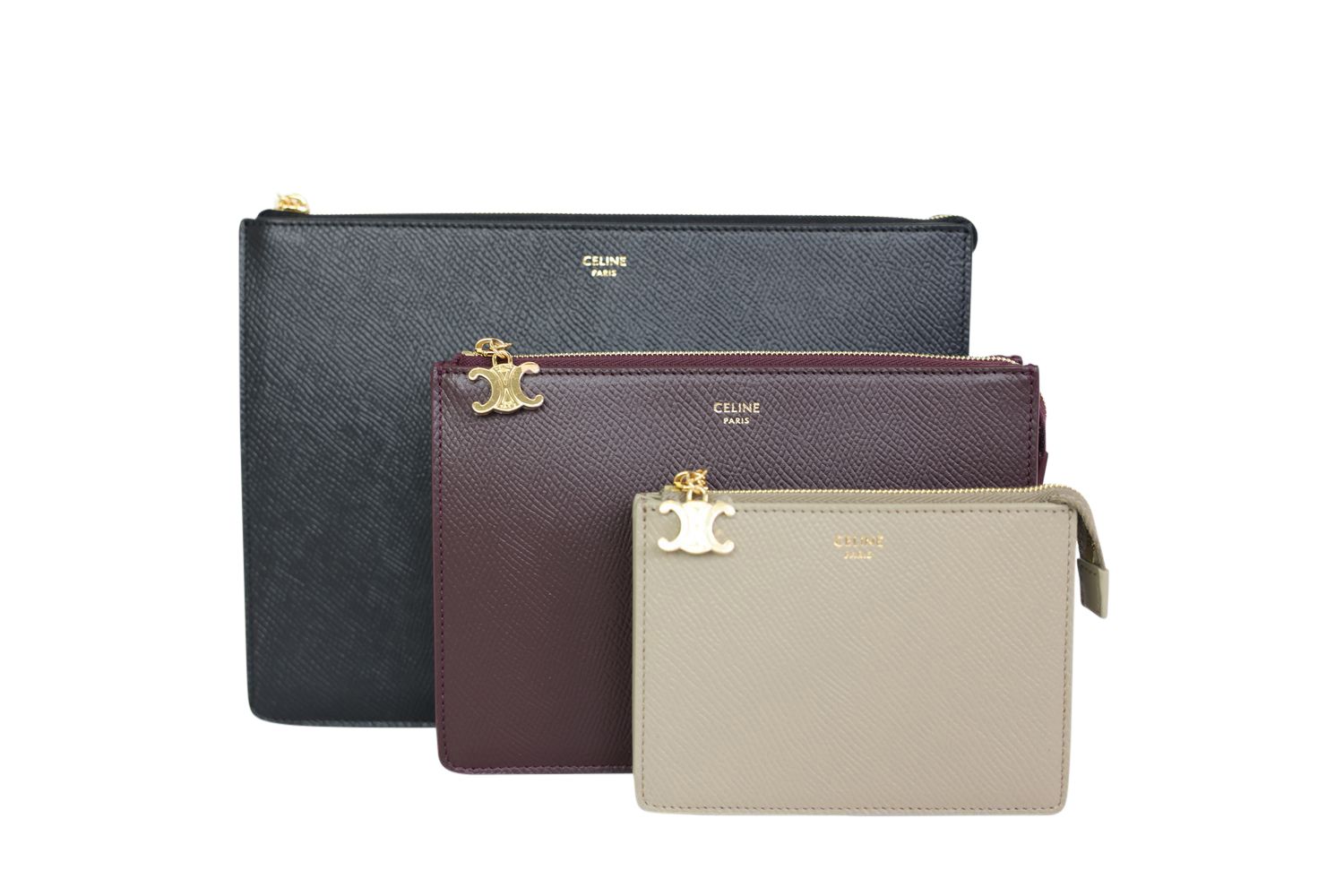 Celine Celine Three Pouches Set, Black, Deep Burgundy, Beige Grained Calfskin and Gold Hardware, New in Box WA001