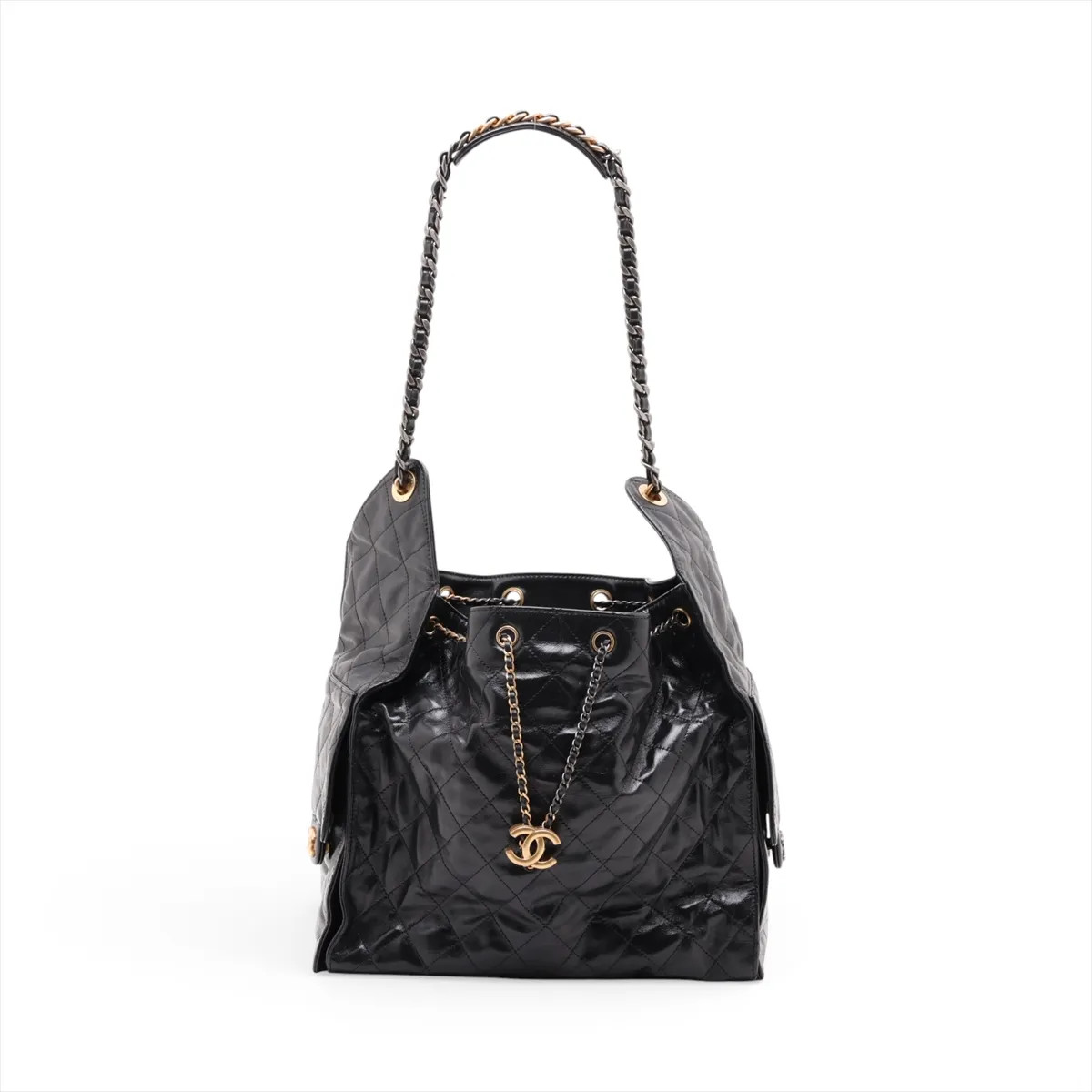 Chanel Chanel 25 Medium Leather Chain Shoulder Bag Black Gold x gunmetallic hard