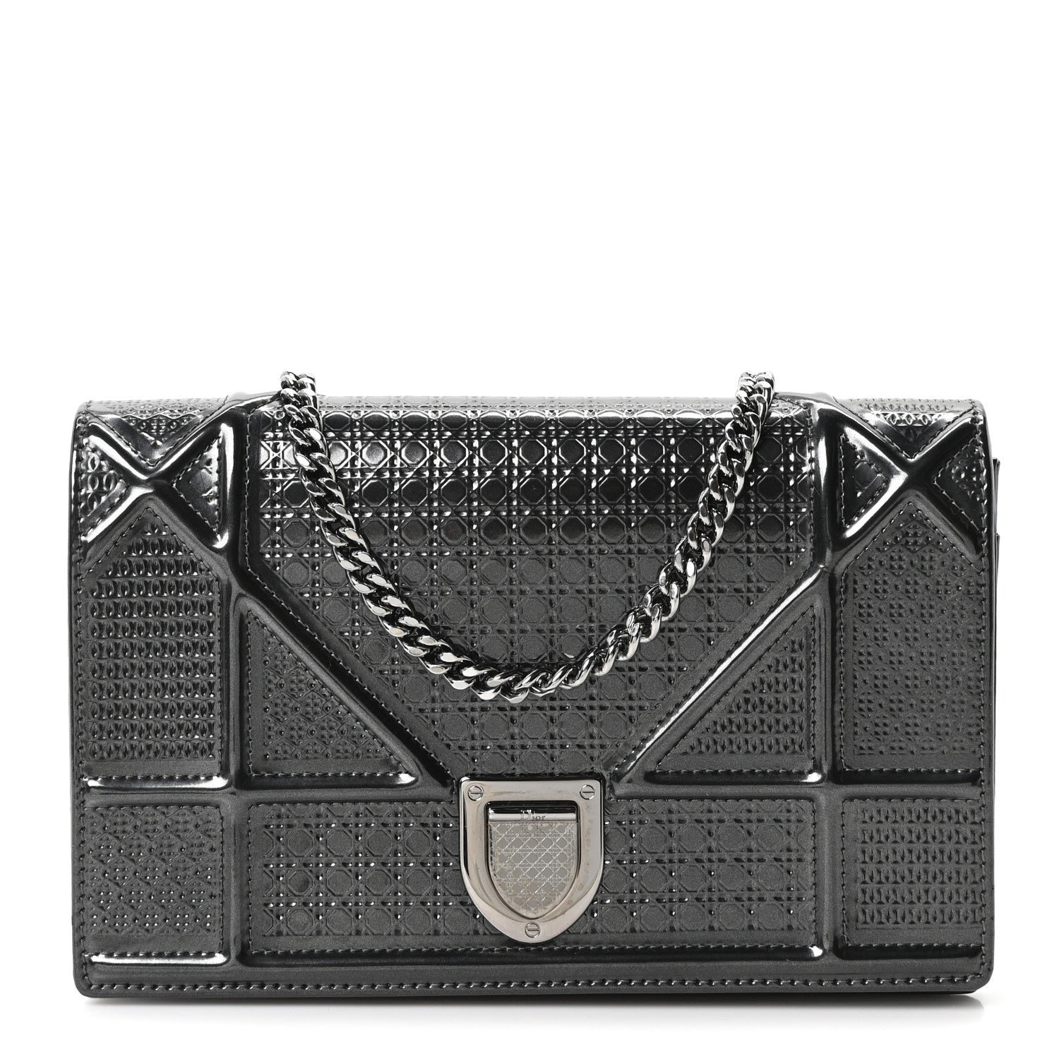 Christian Dior Metallic Patent Micro-Cannage Diorama Wallet on Chain Pouch Onyx Black