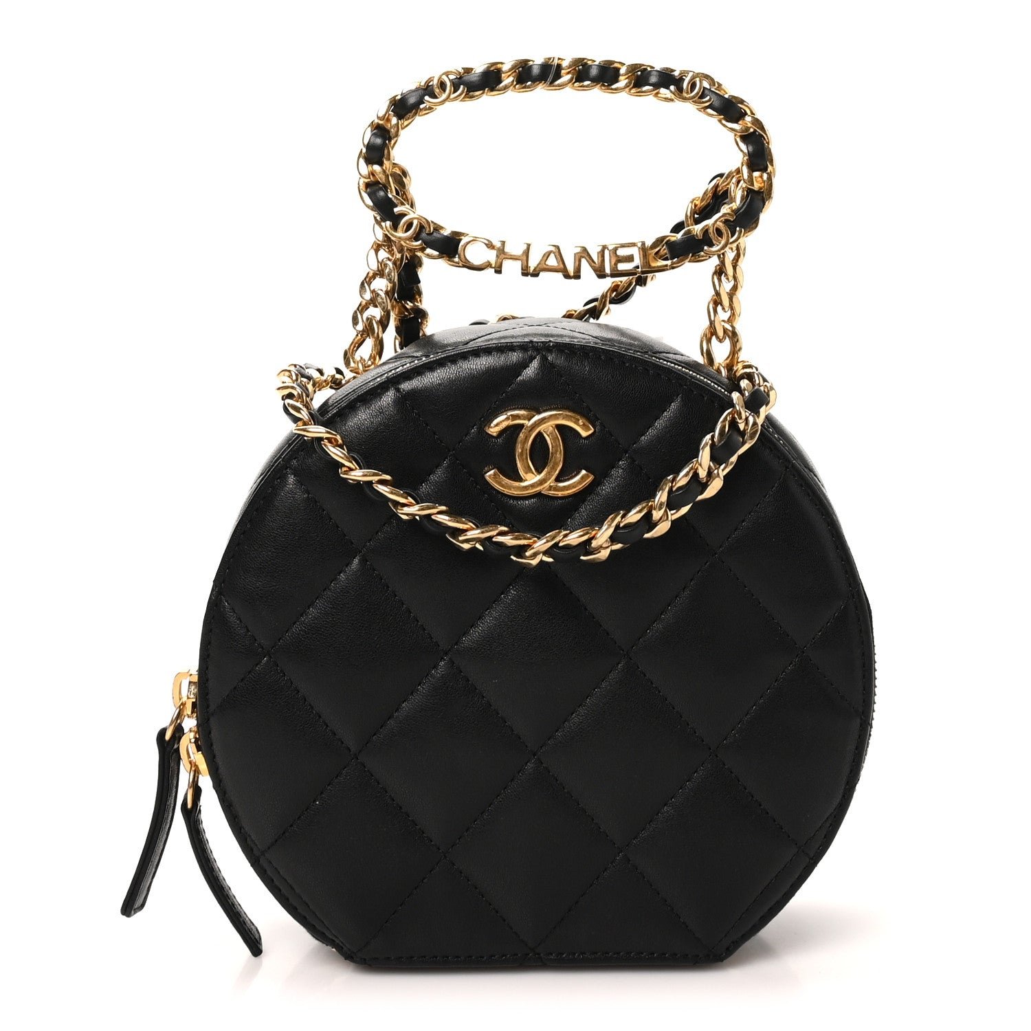 Chanel Lambskin Quilted Chain Logo Top Handle Small Round Black