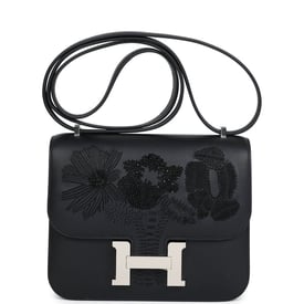 Hermes Hermes Constance 18 "Dancing Flowers" Black Embroidered Swift Palladium Hardware