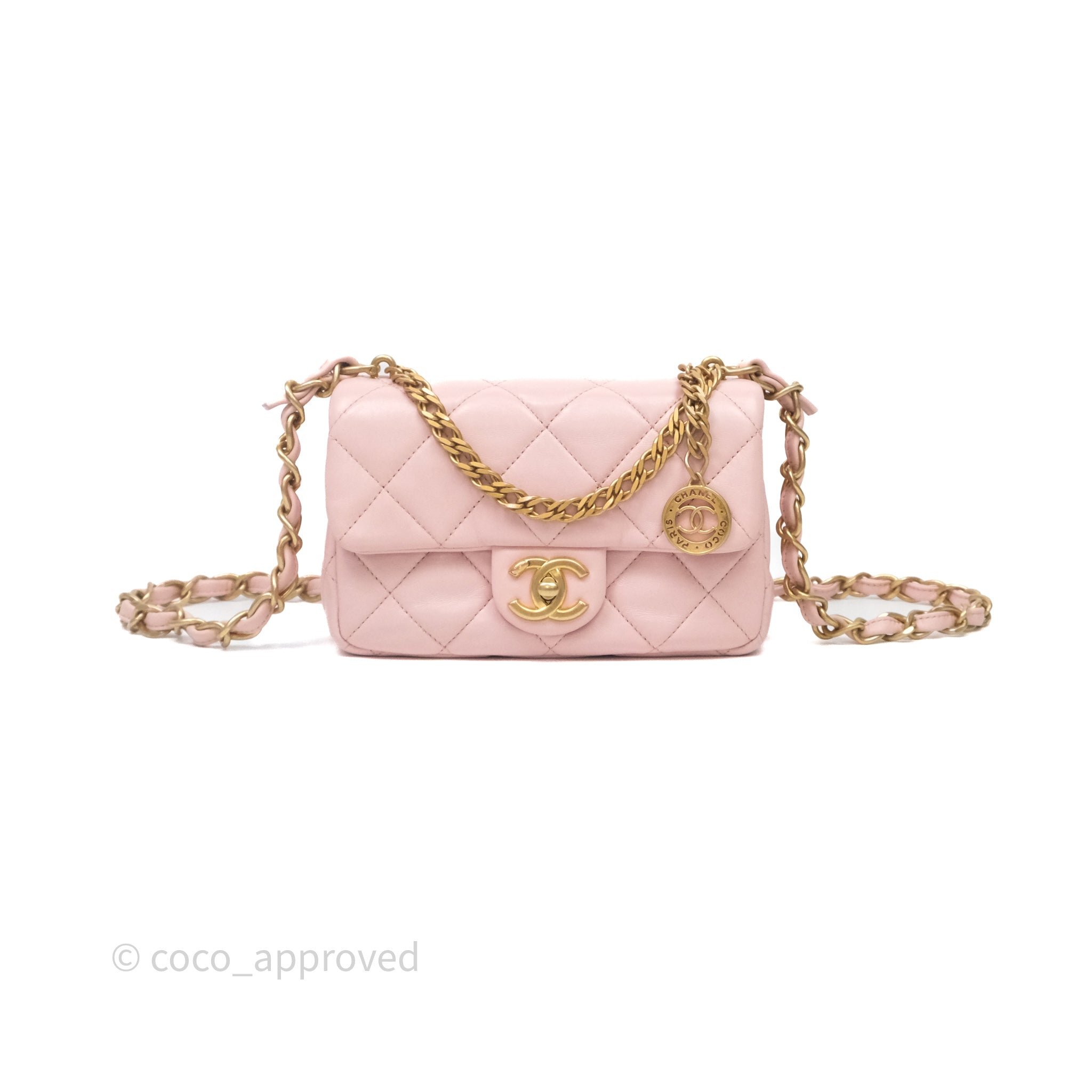 Chanel Pink Lambskin Flap Bag With Distinctive Coin Chain Gold Hardware